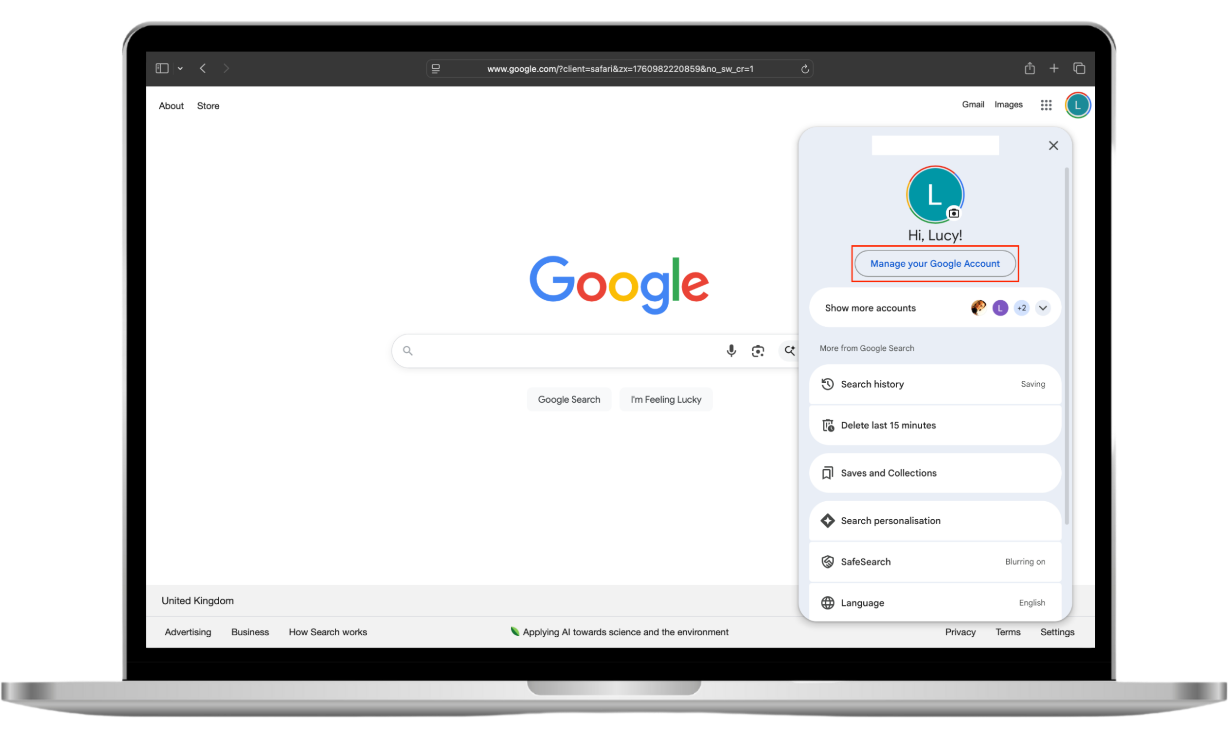 The Google homepage, with the user menu open and Manage your Google Account highlighted. If someone has access to your Google Account, change your password to stop phone cloning. The Google homepage, with the user menu open and Manage your Google Account highlighted. If someone has access to your Google Account, change your password to stop phone cloning.