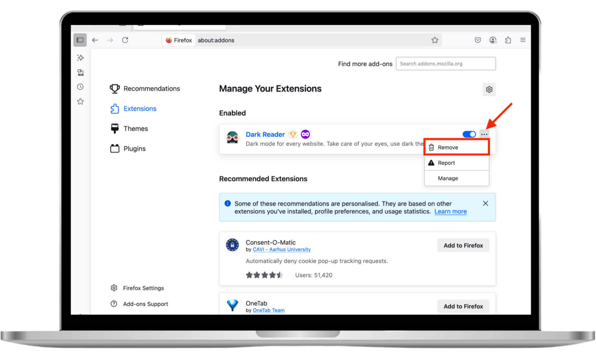 The Extensions menu in Firefox on Mac. Remove unrecognized and unused extensions from here when you suspect a Look2Me infection in Firefox. The Extensions menu in Firefox on Mac. Remove unrecognized and unused extensions from here when you suspect a Look2Me infection in Firefox.