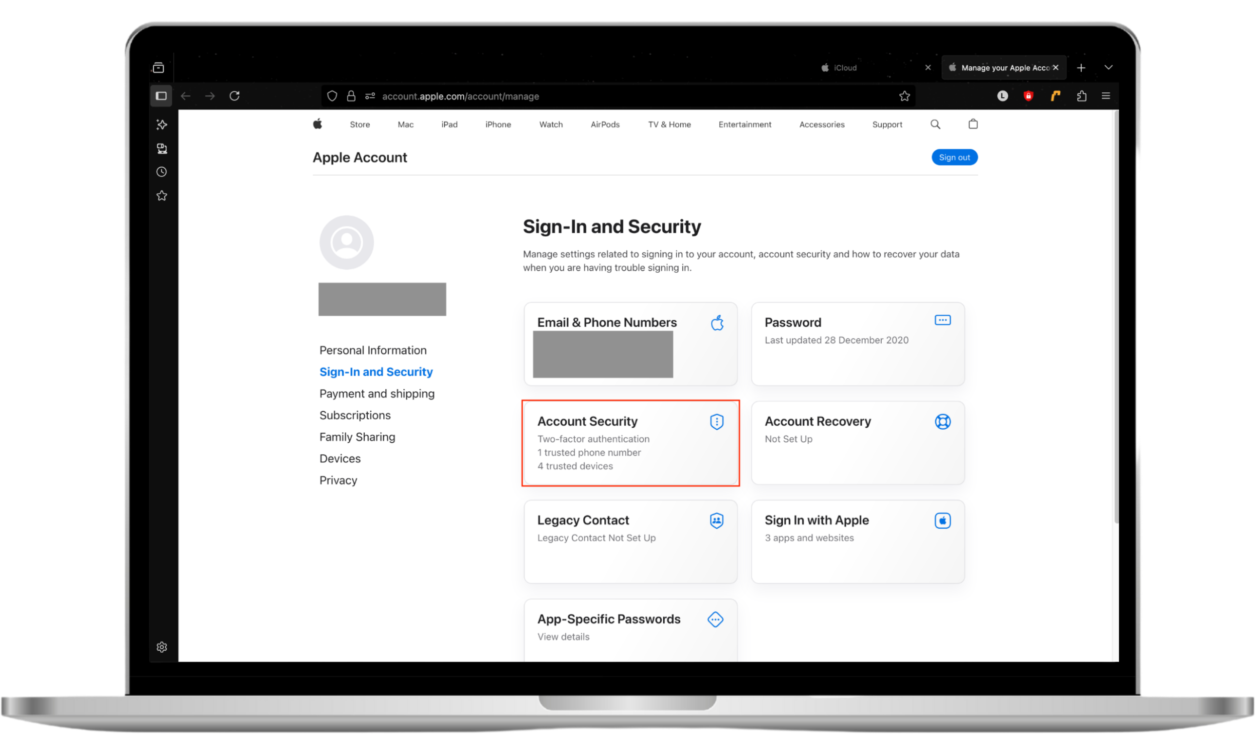 The Apple Account homepage, with Account Security highlighted. Don't want your wife to access your text messages through iCloud? Remove her devices from your Apple Account. The Apple Account homepage, with Account Security highlighted. Don't want your wife to access your text messages through iCloud? Remove her devices from your Apple Account.