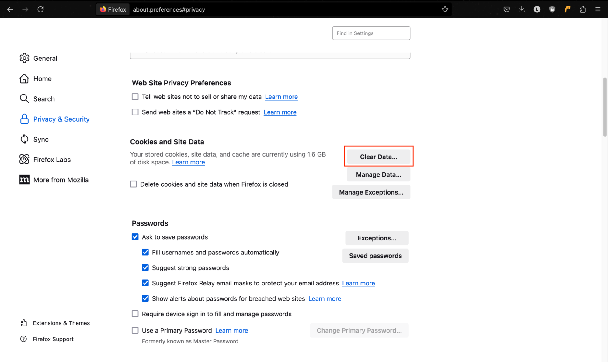 The Privacy & Security Settings page in Firefox. To clear cookies in Firefox, click Clear Data and then confirm that you want to clear cookies. The Privacy & Security Settings page in Firefox. To clear cookies in Firefox, click Clear Data and then confirm that you want to clear cookies.