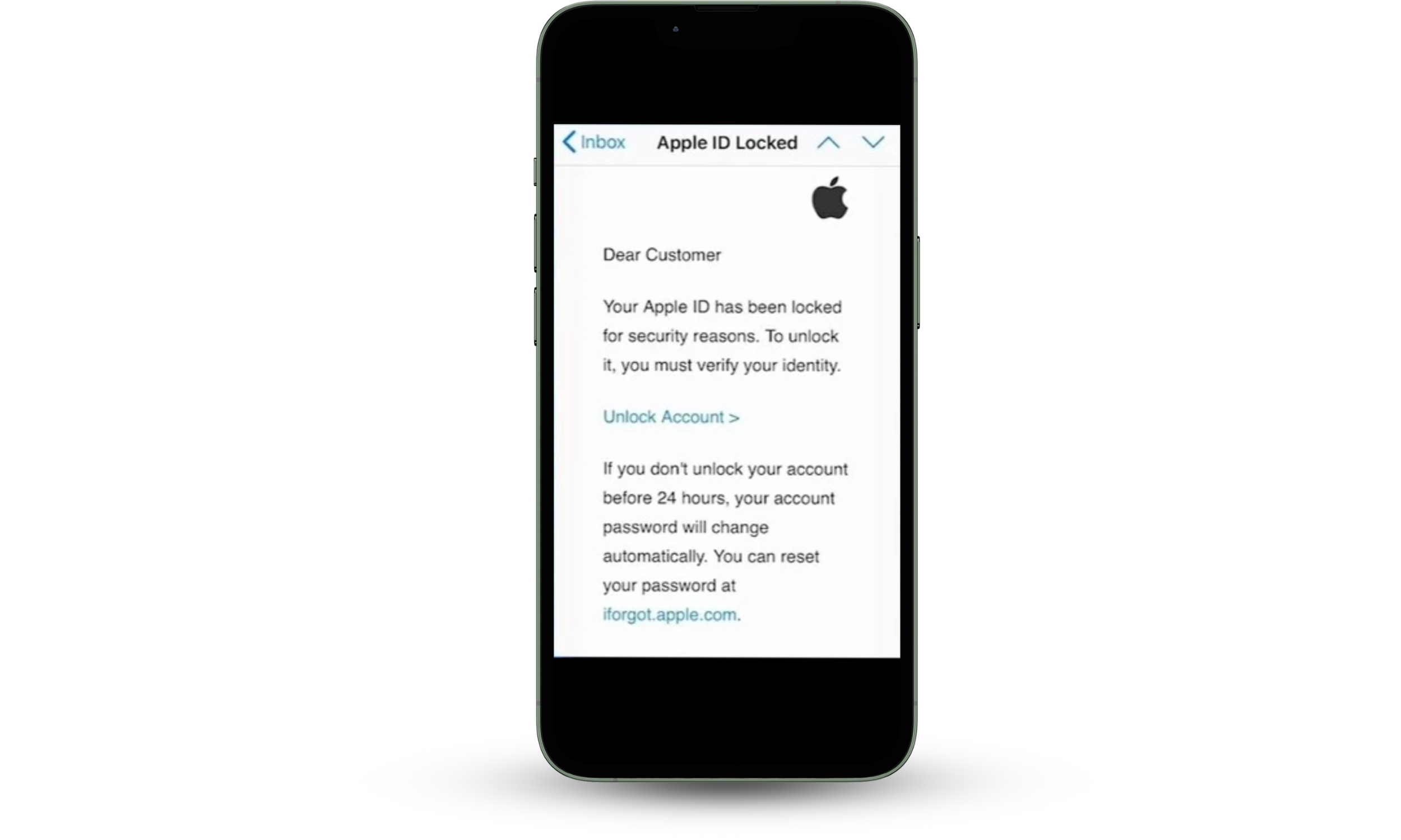 Apple ID phishing email impersonating Apple Inc. claiming the account is locked and prompting the user to click a fake verification link
