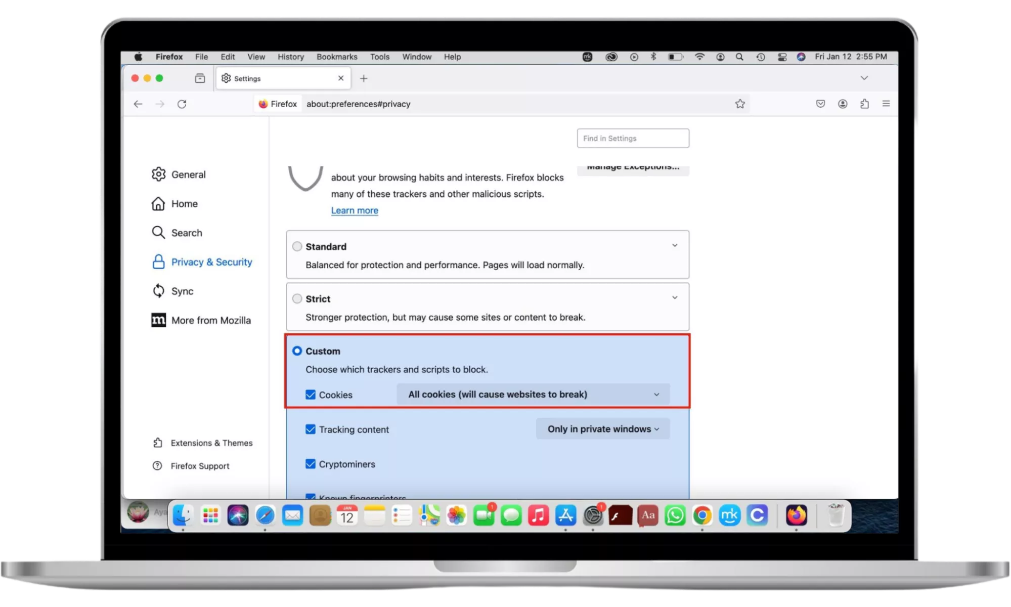 The Privacy & Security settings page appears in Firefox for macOS. Disable cookies to limit Spotify from spying on you. The Privacy & Security settings page appears in Firefox for macOS. Disable cookies to limit Spotify from spying on you.