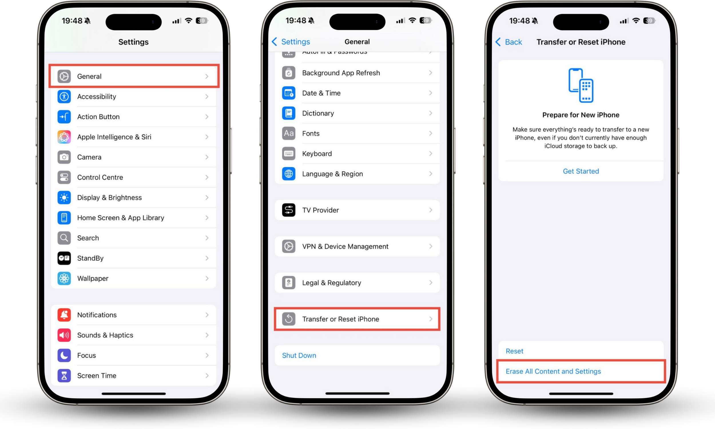 An iPhone showing the steps to erase all content and settings. iPhone glitching may be fixed by a full factory reset. An iPhone showing the steps to erase all content and settings. iPhone glitching may be fixed by a full factory reset.