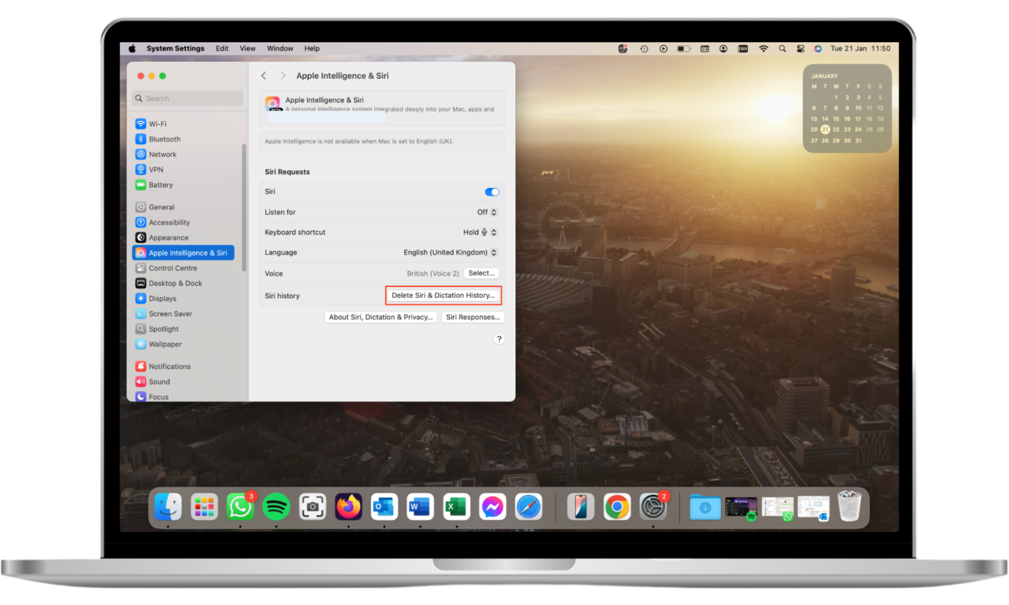 Apple Intelligence & Siri Settings on a MacBook, with Delete Siri & Dictation History highlighted. If you don't want Siri listening all the time, delete its history. Apple Intelligence & Siri Settings on a MacBook, with Delete Siri & Dictation History highlighted. If you don't want Siri listening all the time, delete its history.