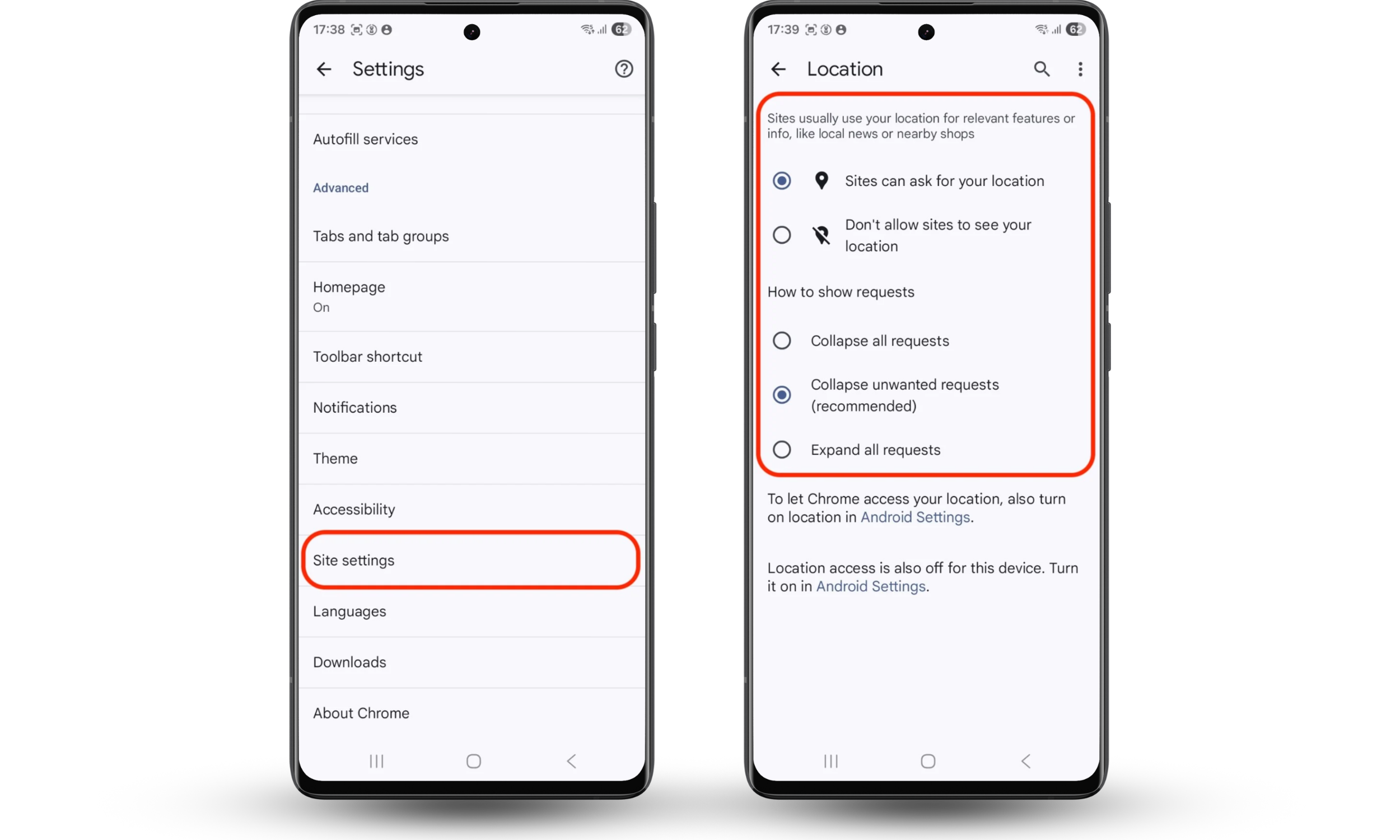 Chrome Android Site settings screen showing Pop-ups and redirects and Notifications options being reviewed to stop unwanted browser redirects