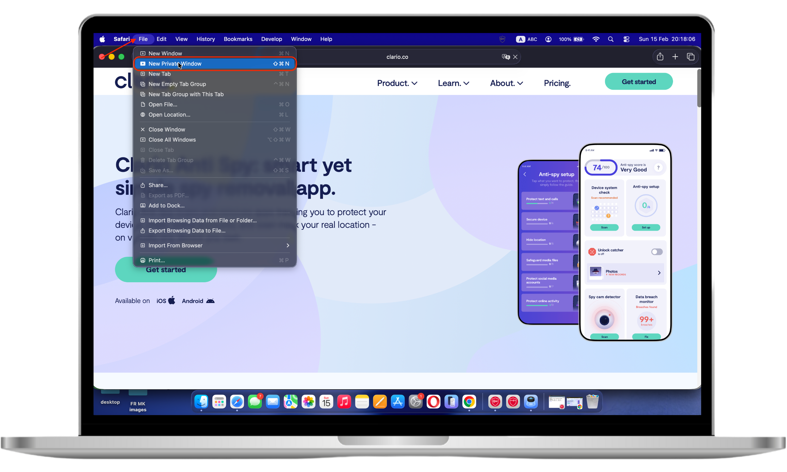 Safari menu showing File option with New Private Window selected and keyboard shortcut visible. Safari menu showing File option with New Private Window selected and keyboard shortcut visible.