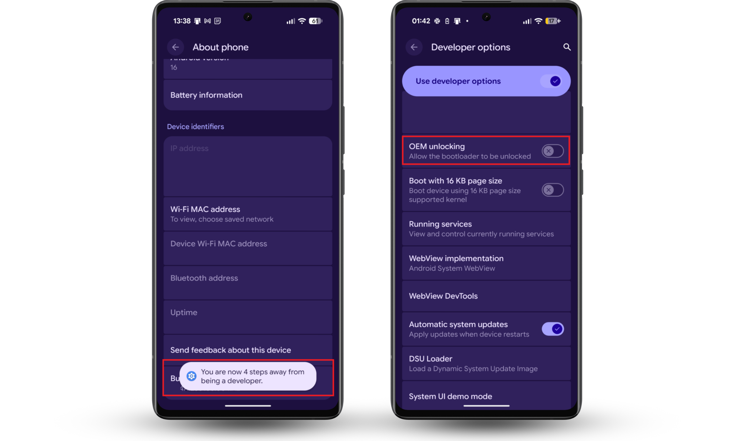 Android screens showing Build number taps and OEM unlocking in Developer options to tell if your phone is rooted