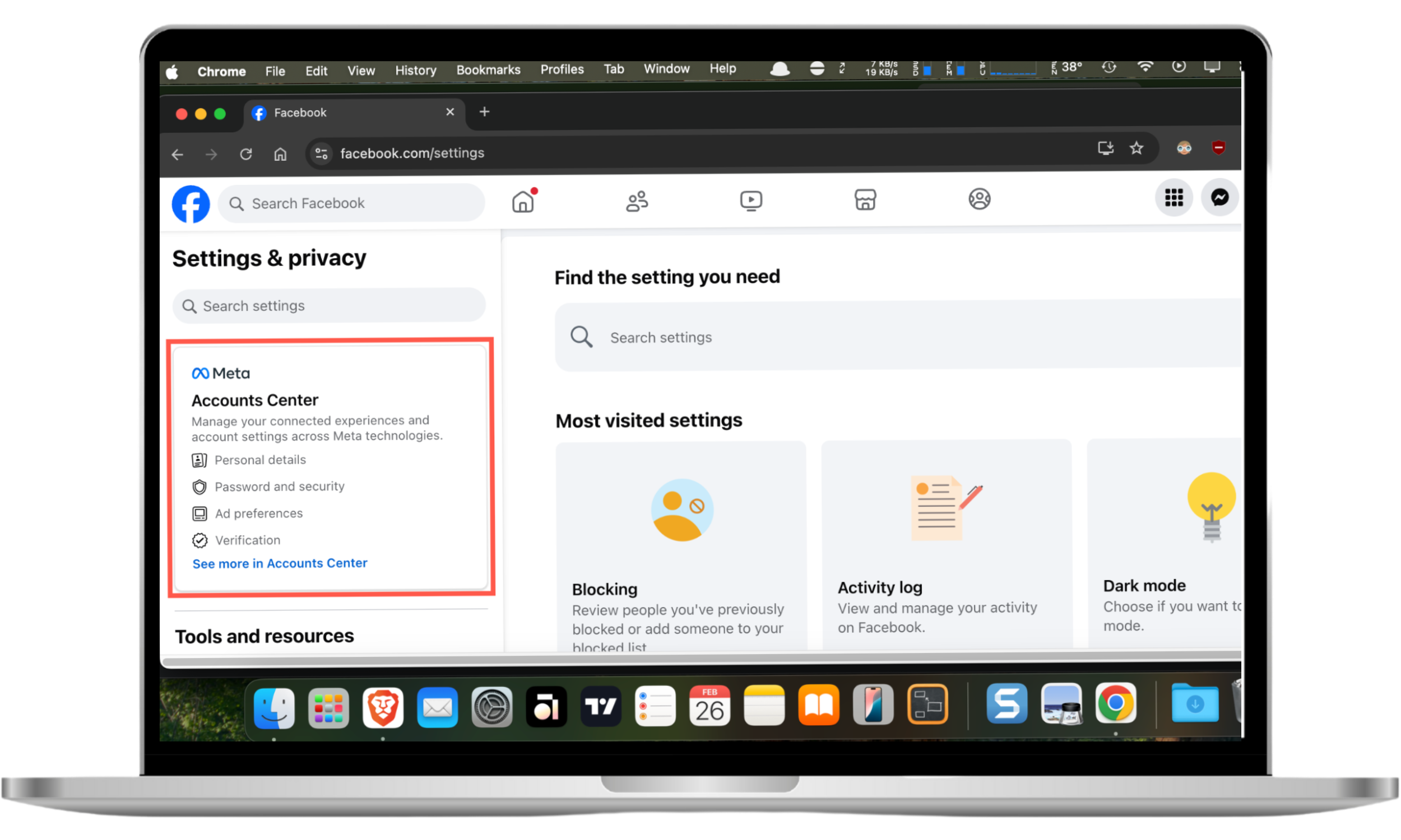 This browser screenshot shows how to stop Facebook ads by first visiting the Meta Accounts Center of your Facebook account. This browser screenshot shows how to stop Facebook ads by first visiting the Meta Accounts Center of your Facebook account.