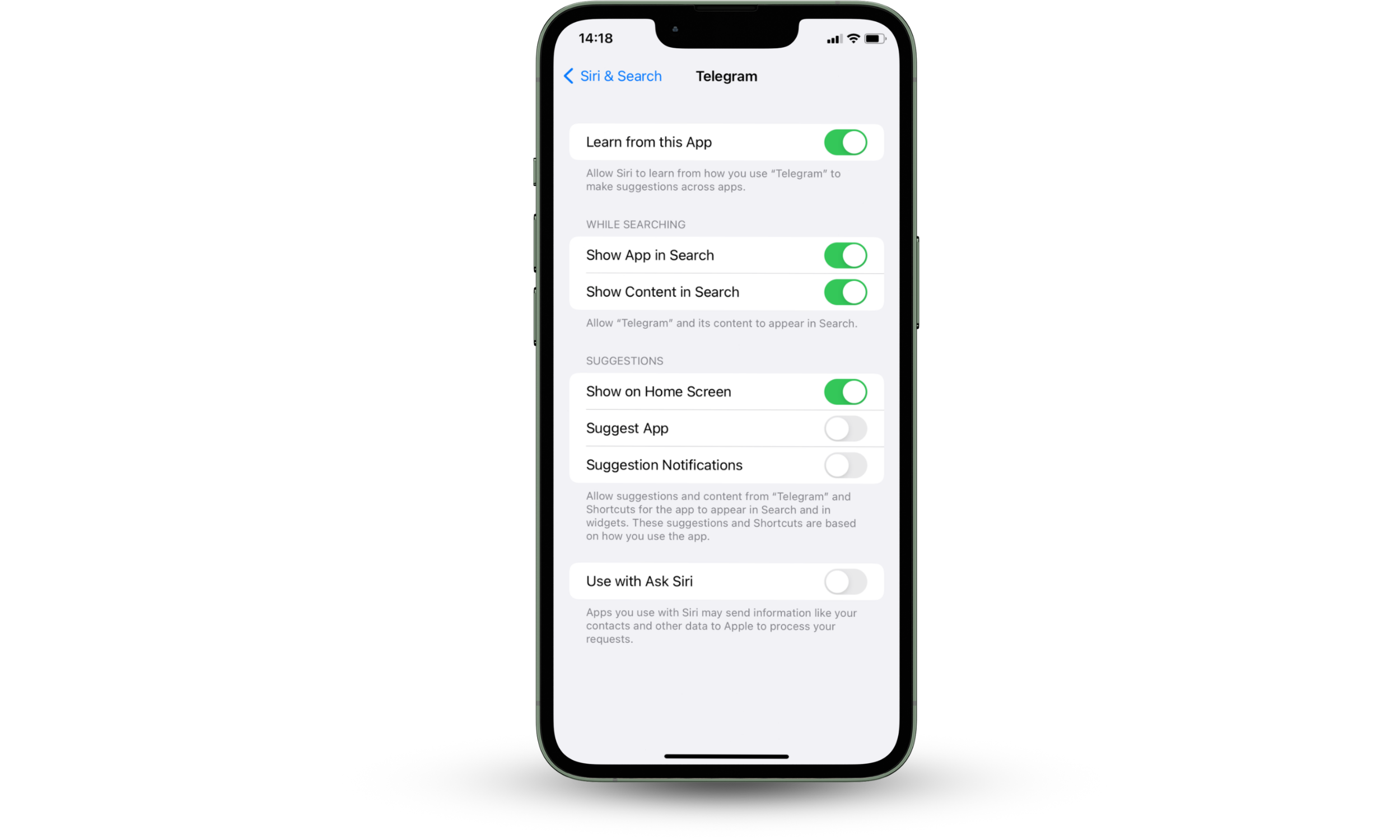 An iPhone screen shows the Siri & Search settings for a specific app with the Suggest App switch toggled off.
