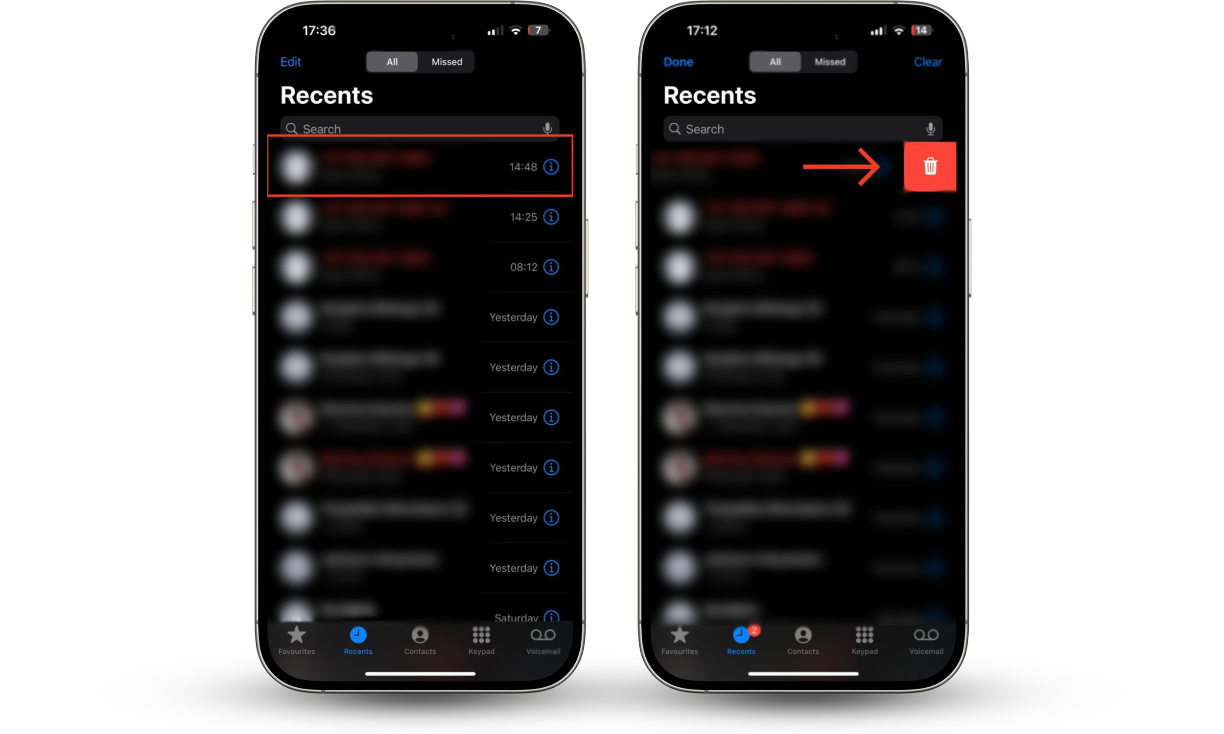The Phone app is open on an iPhone device. Tap the Recents tab, slide the call record to the left and delete the call history. The Phone app is open on an iPhone device. Tap the Recents tab, slide the call record to the left and delete the call history.