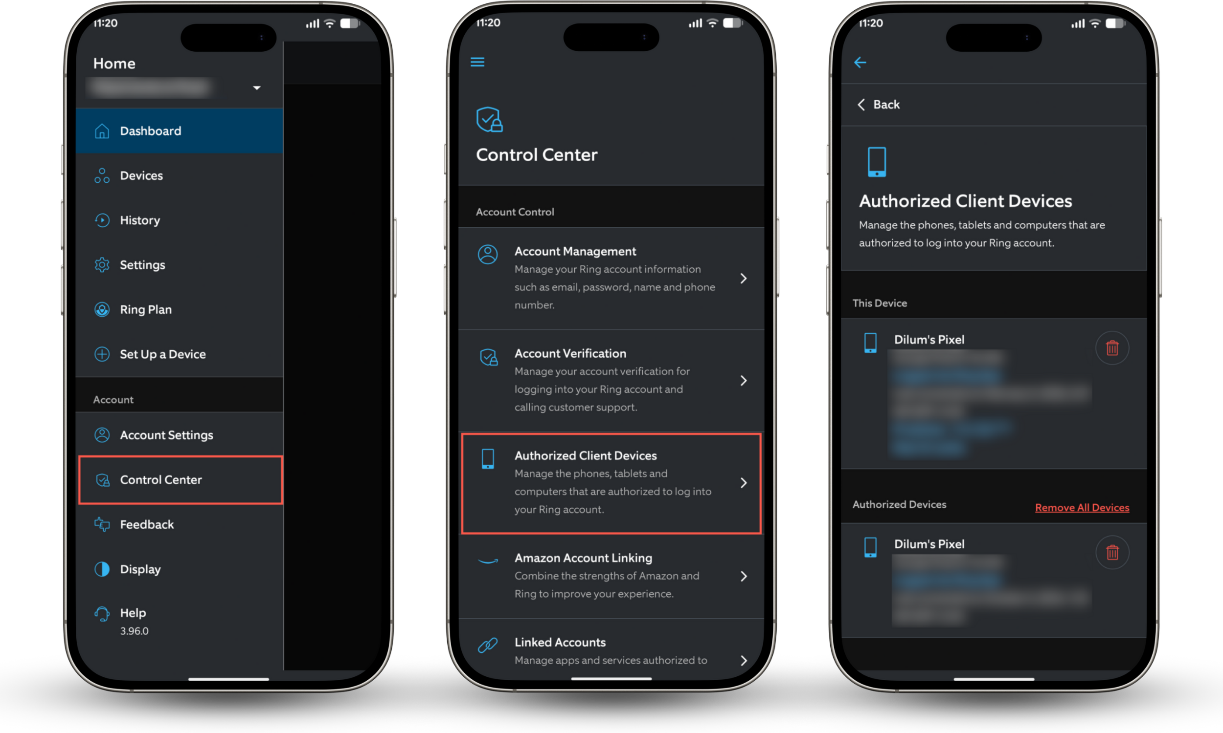 These Ring app screenshots show how to control device access via the Control Center if you have concerns your Ring doorbell could be hacked.