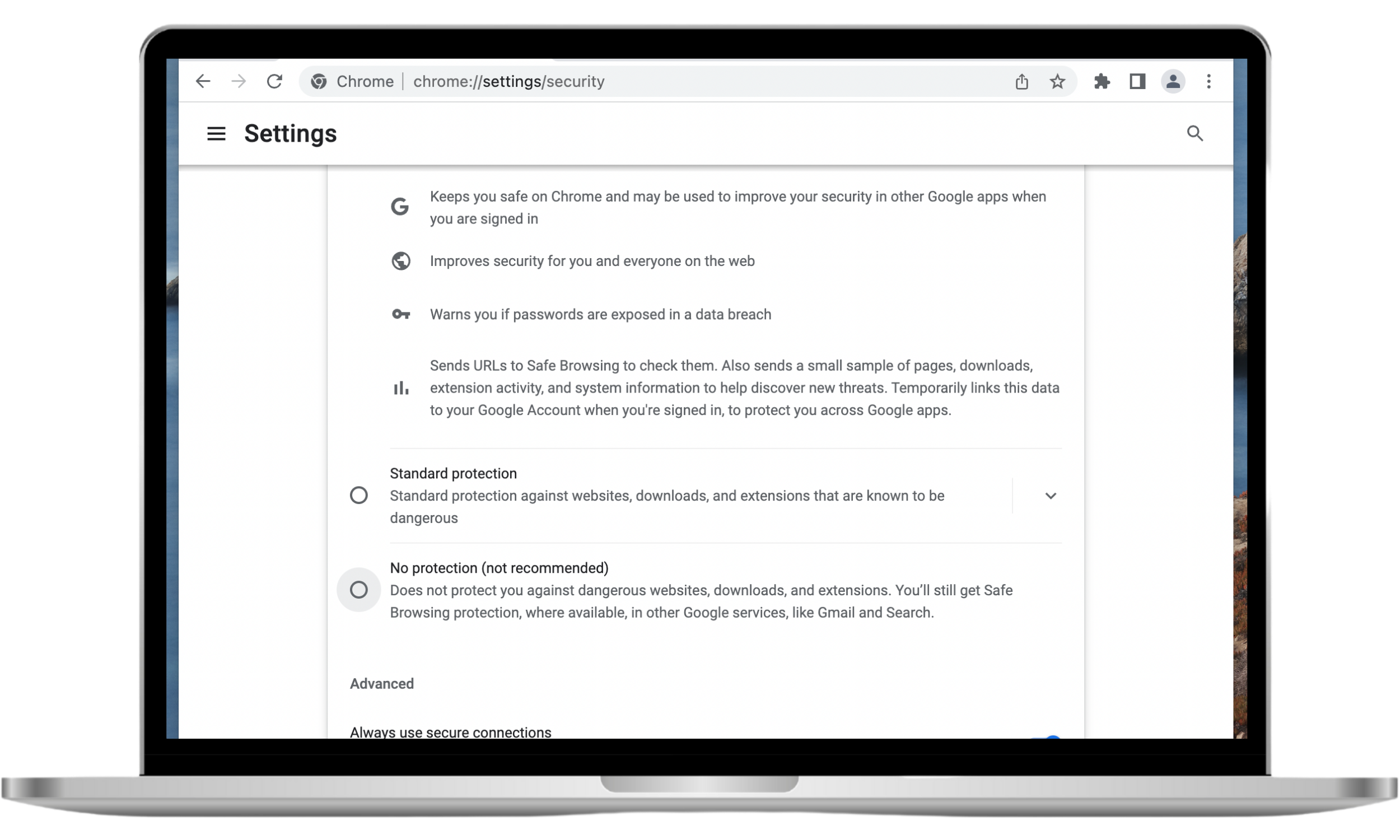 The Security settings page in Google Chrome shows the Safe Browsing section with the radio button for No protection (not recommended) selected.