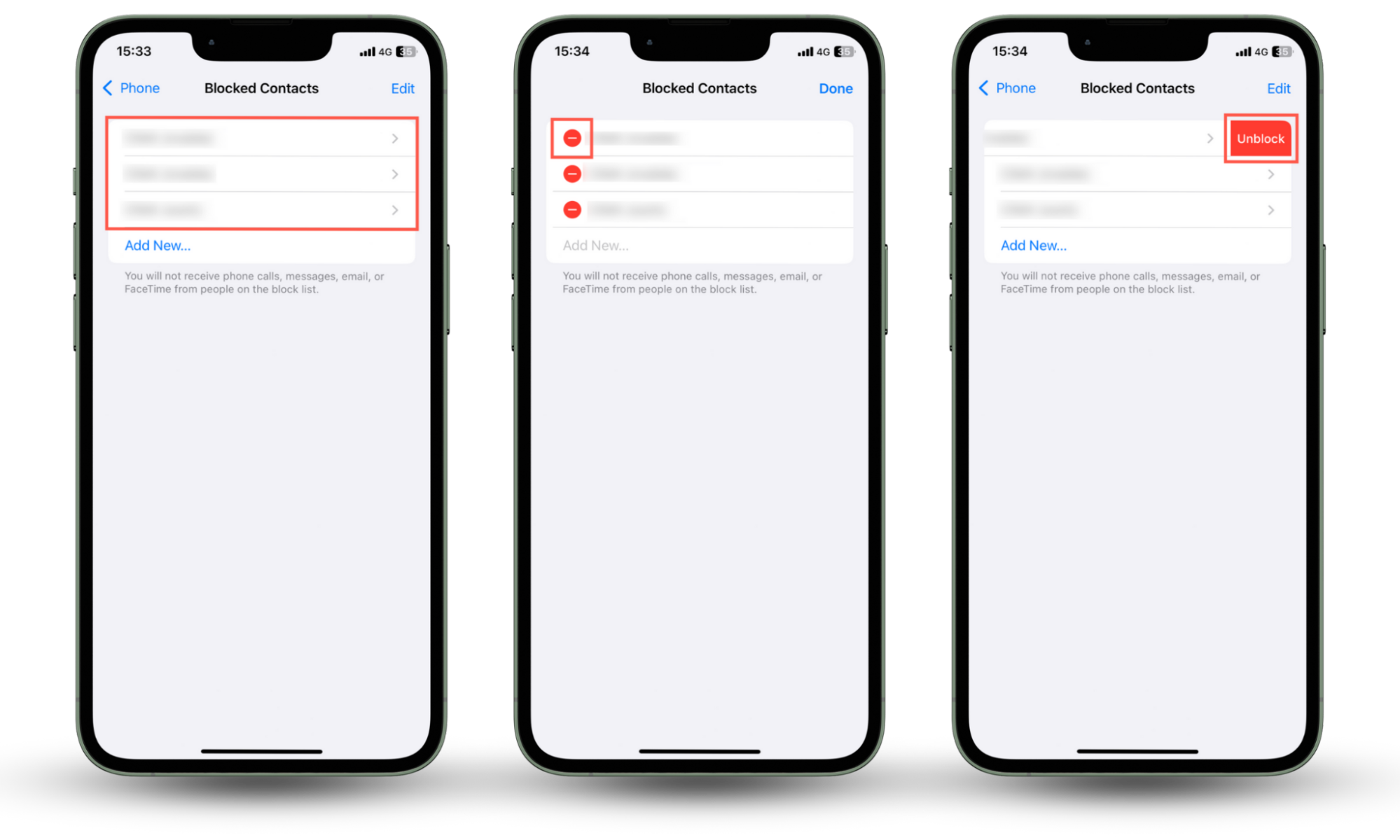 These iOS screenshots show how to view and unblock numbers on an iPhone via the Blocked Contacts list in the Settings app. These iOS screenshots show how to view and unblock numbers on an iPhone via the Blocked Contacts list in the Settings app.