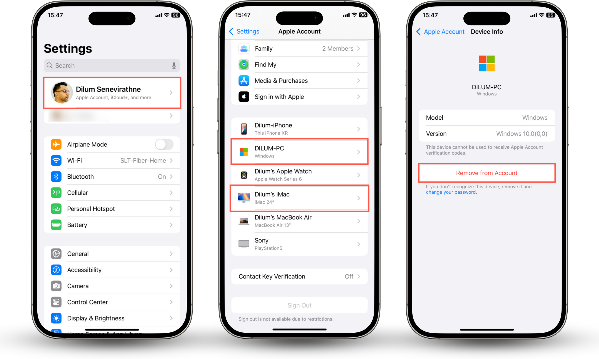 These iOS screenshots show how to review your Apple ID for connected devices if you have concerns about your phone linking to your computer.