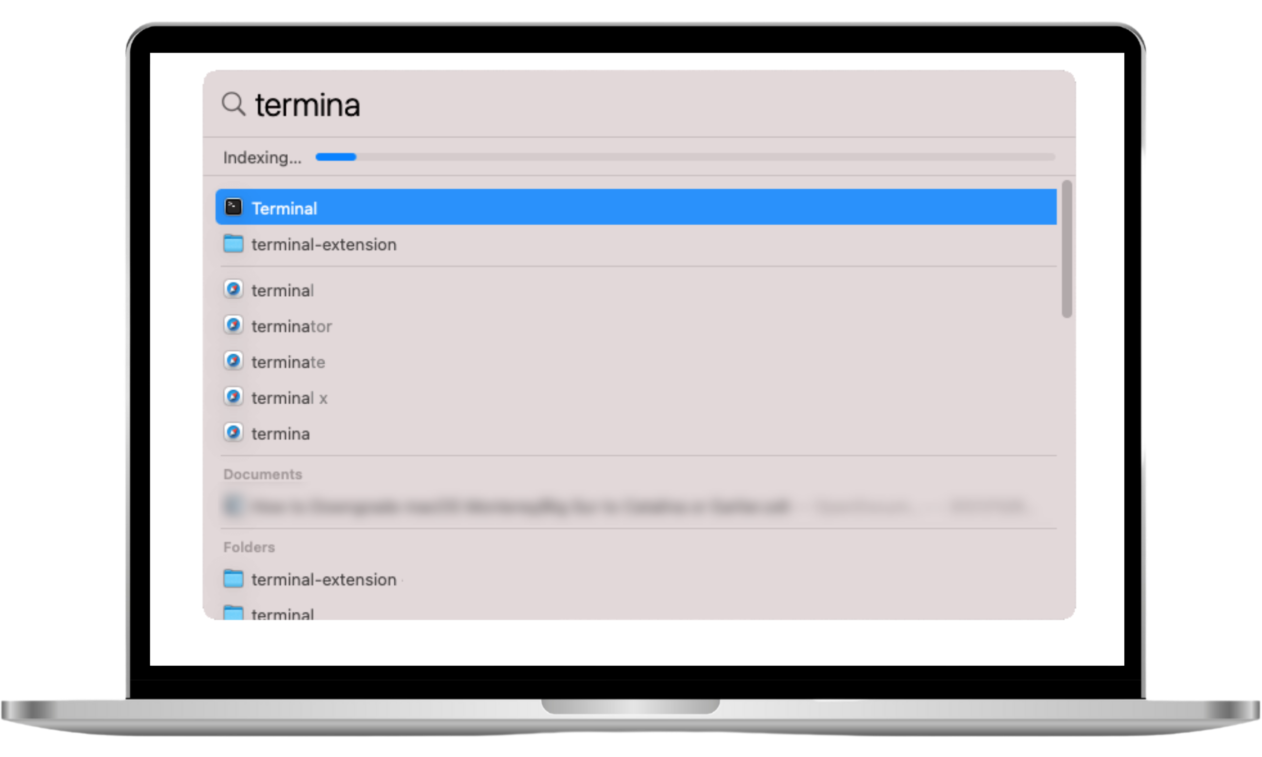 This macOS screenshot shows Spotlight Search being used to find and open the Terminal app.
