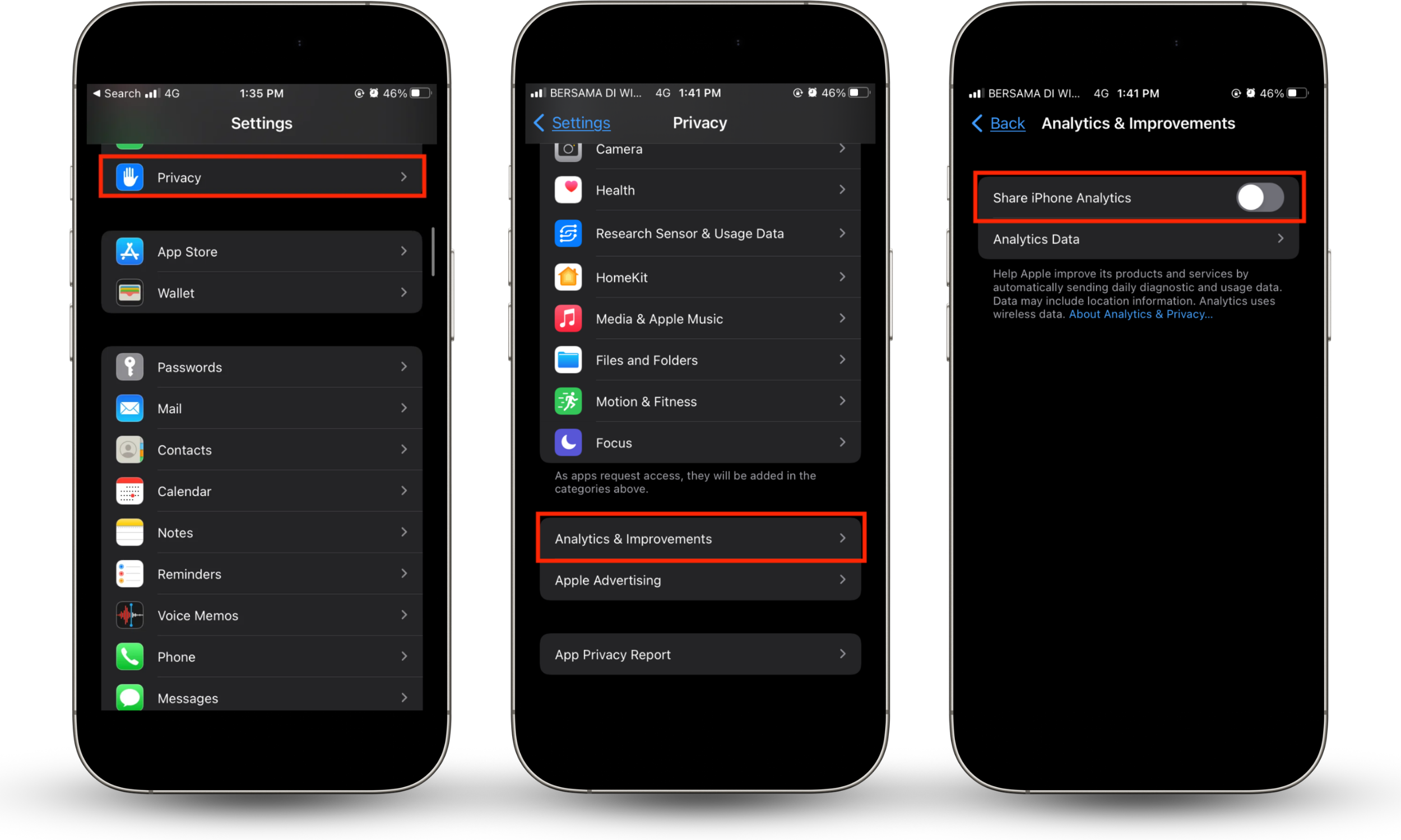 iPhone Settings showing how to turn off analytics sharing: Privacy & Security menu, Analytics & Improvements section, and Share iPhone Analytics toggle switched off
