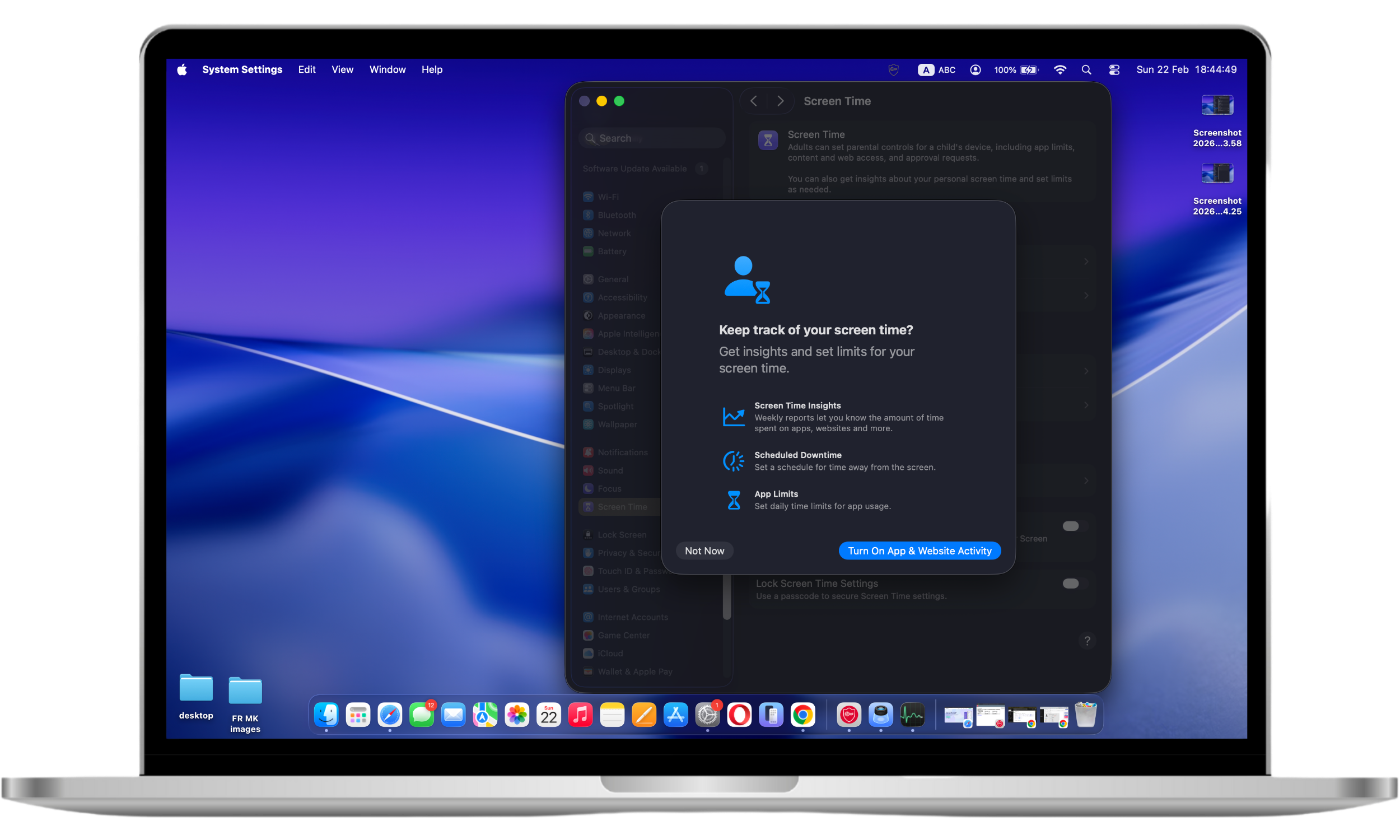 Mac Screen Time settings displaying the Content & Privacy section with the Apps option selected to manage app permissions.