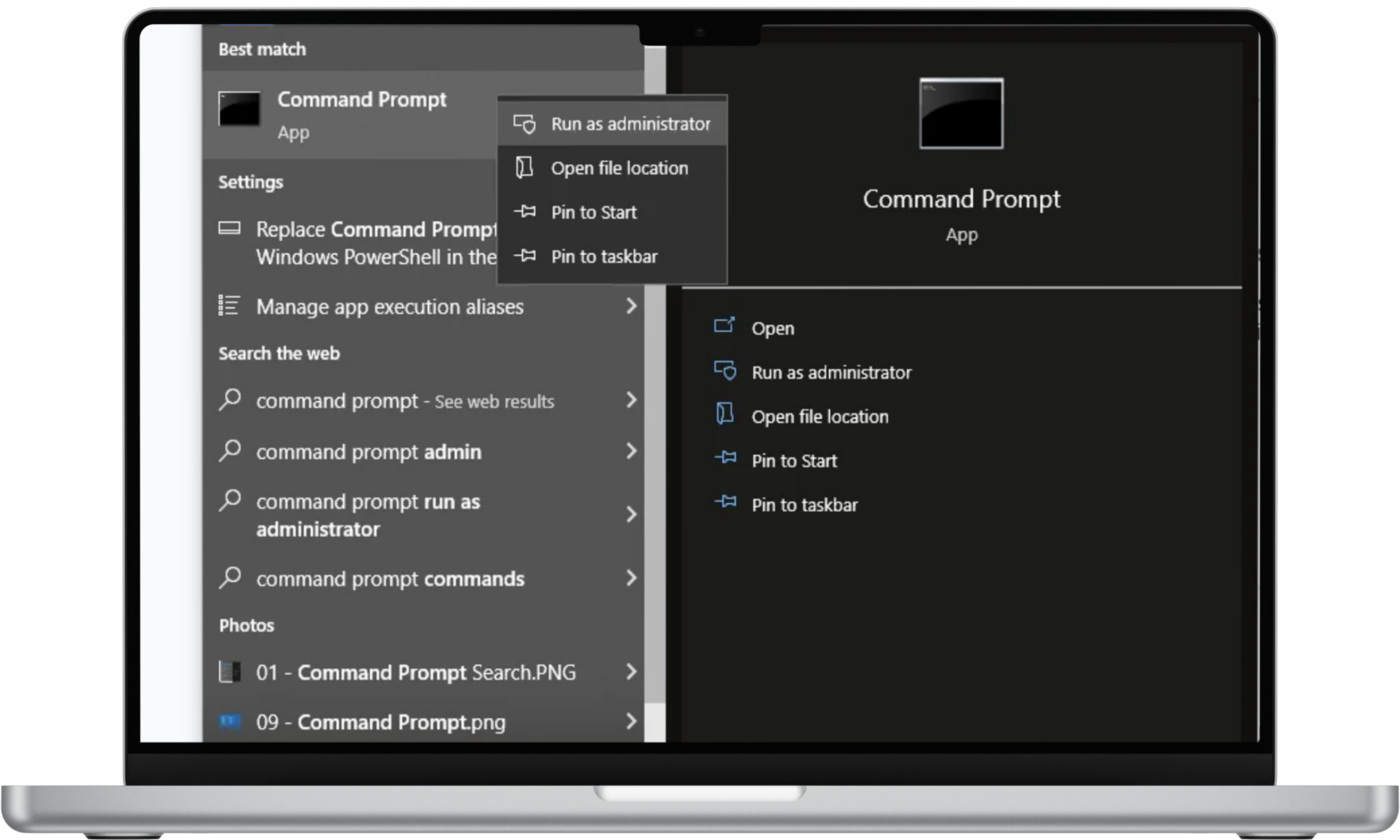 This Windows screenshot shows how to launch Command Prompt with administrator permissions from the Start menu.
