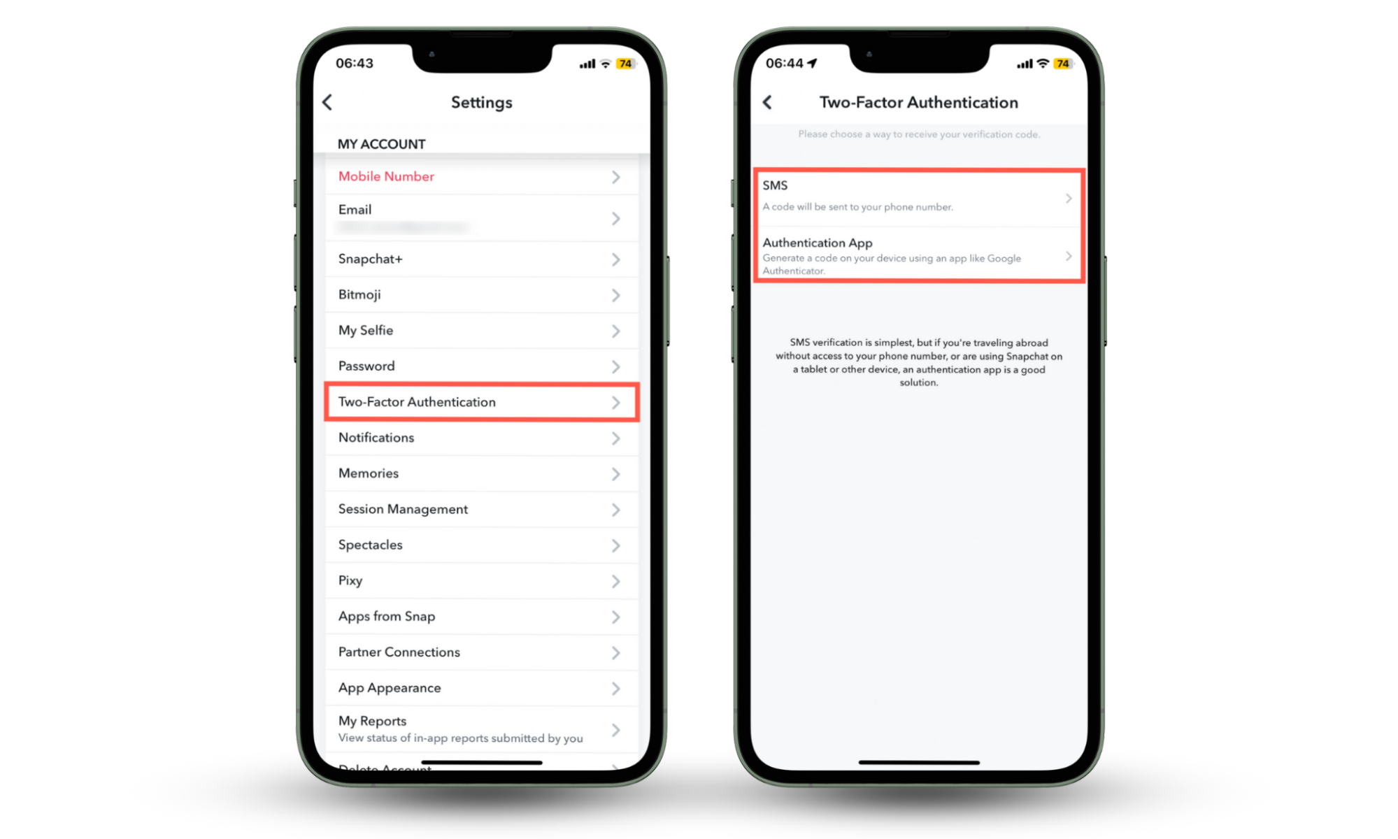 Snapchat Settings page, instructions on how to add two-factor authentication to your account if you know someone is spying on your Snapchat. Snapchat Settings page, instructions on how to add two-factor authentication to your account if you know someone is spying on your Snapchat.