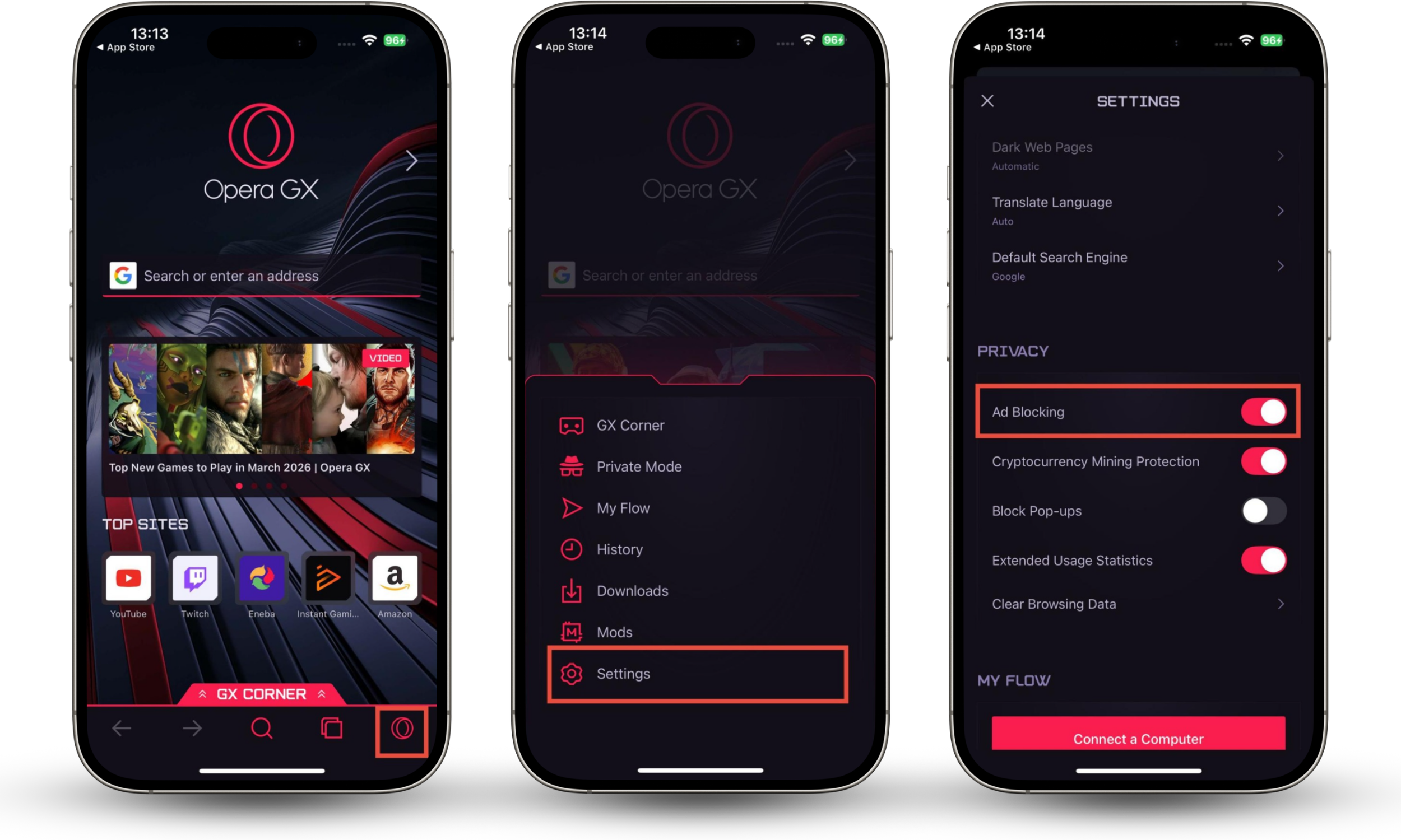 Opera GX lets you block ads in its mobile version: simply go to Settings and choose Ad Blocking.