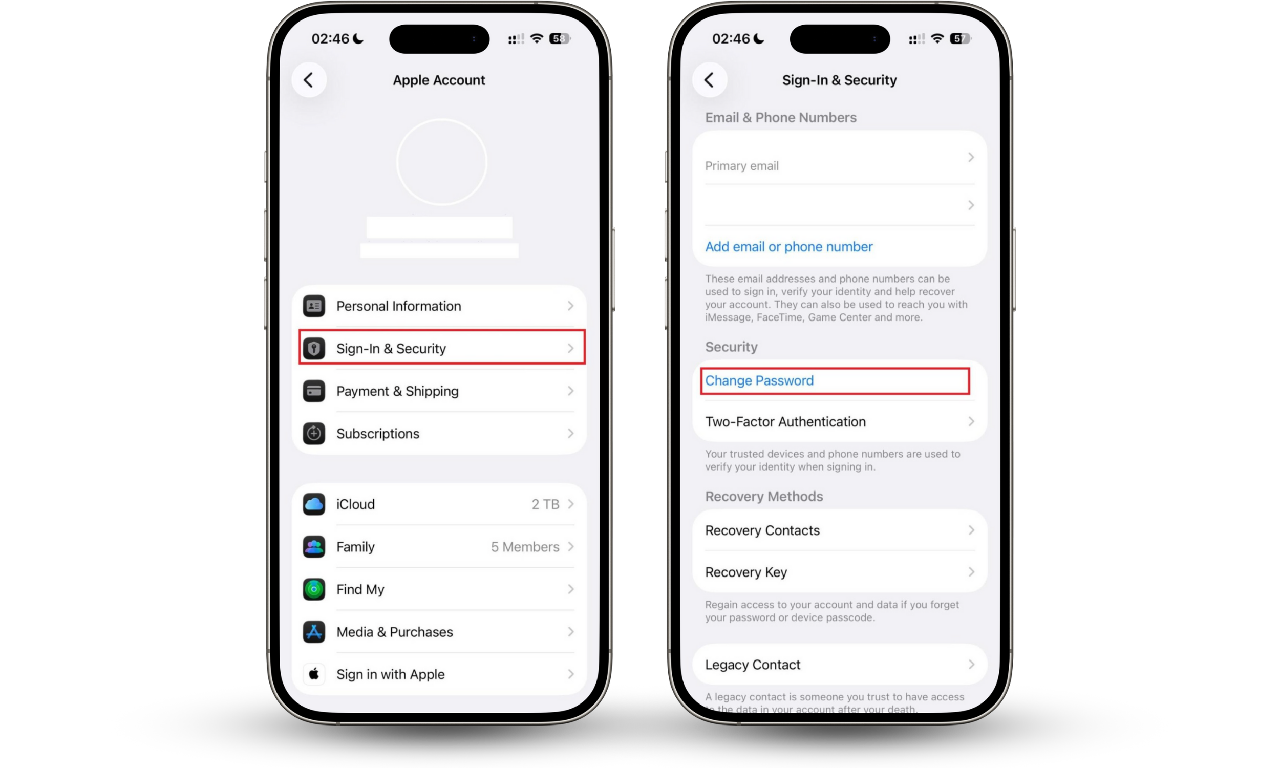 iPhone Settings screens showing how to stop contacts syncing on another phone by opening the Apple Account, going to Sign In and Security, and selecting Change Password.