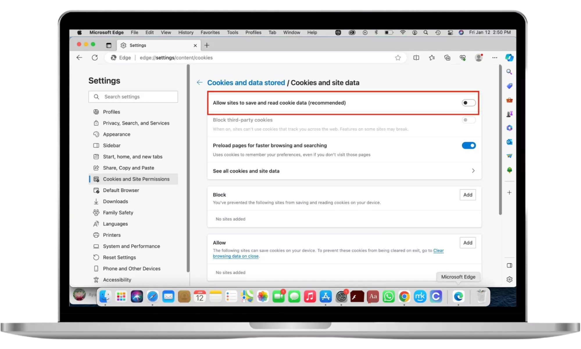 The Cookies and Site Permissions settings appear on a Mac computer. Use them to disable cookies on Microsoft Edge for macOS and Windows 11. The Cookies and Site Permissions settings appear on a Mac computer. Use them to disable cookies on Microsoft Edge for macOS and Windows 11.