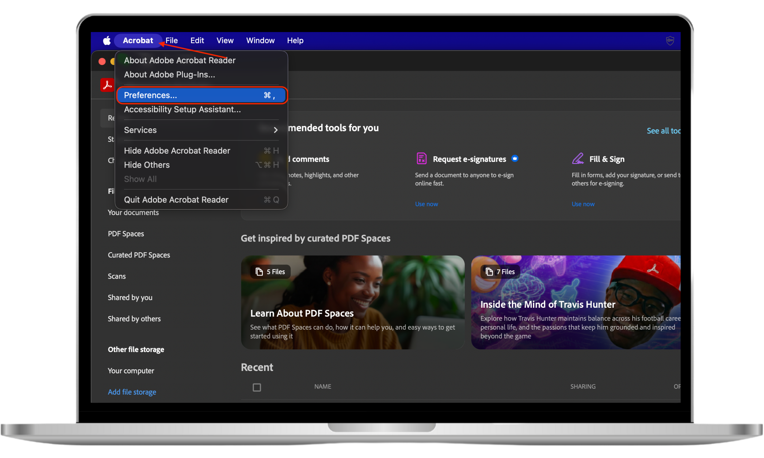 Screenshot showing the first two steps to secure Adobe Acrobat Reader: Open Adobe Acrobat Reader and navigate to Preferences. This is part of the process to disable JavaScript and protect against PDF-based malware.