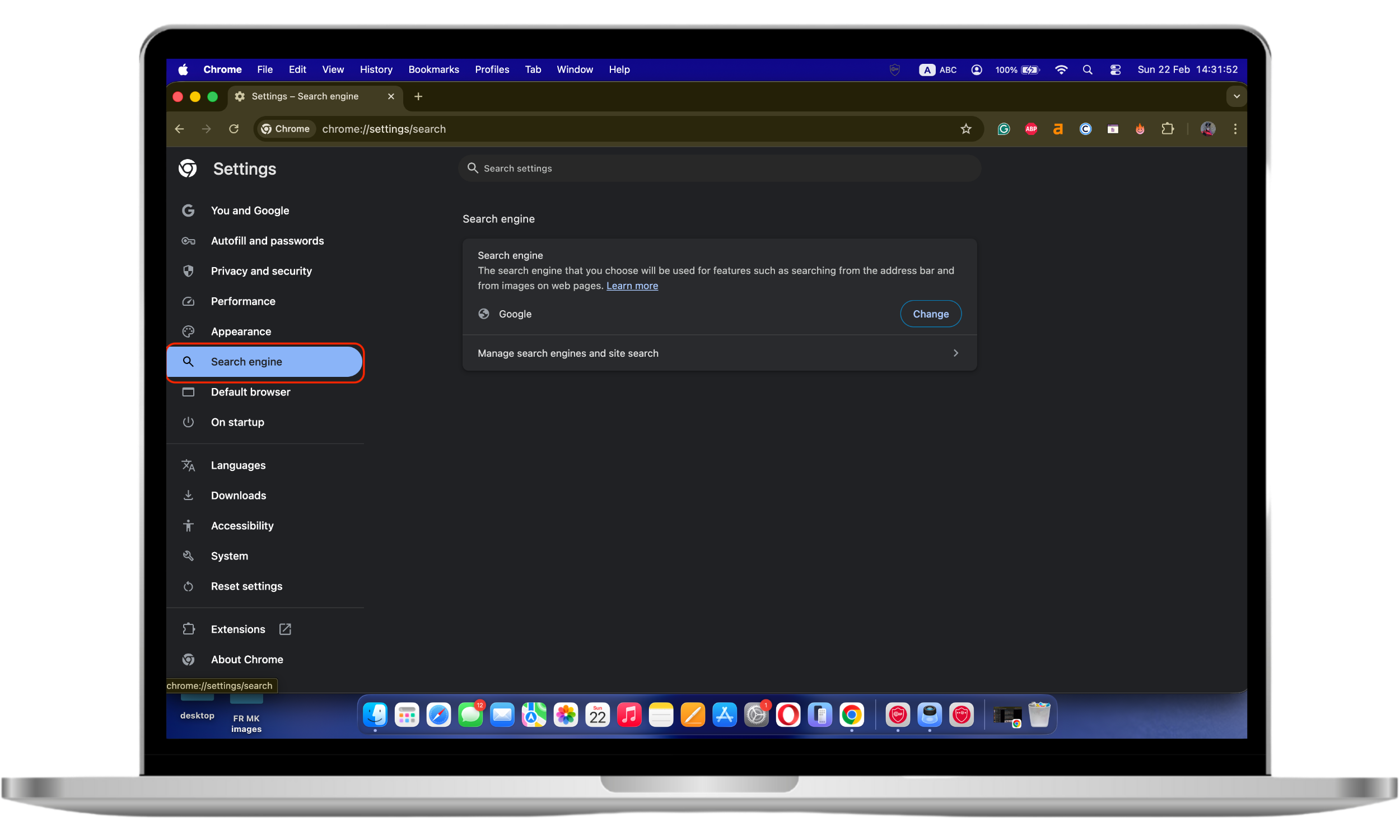Chrome Settings page with the Search engine section selected to manage default search engine preferences