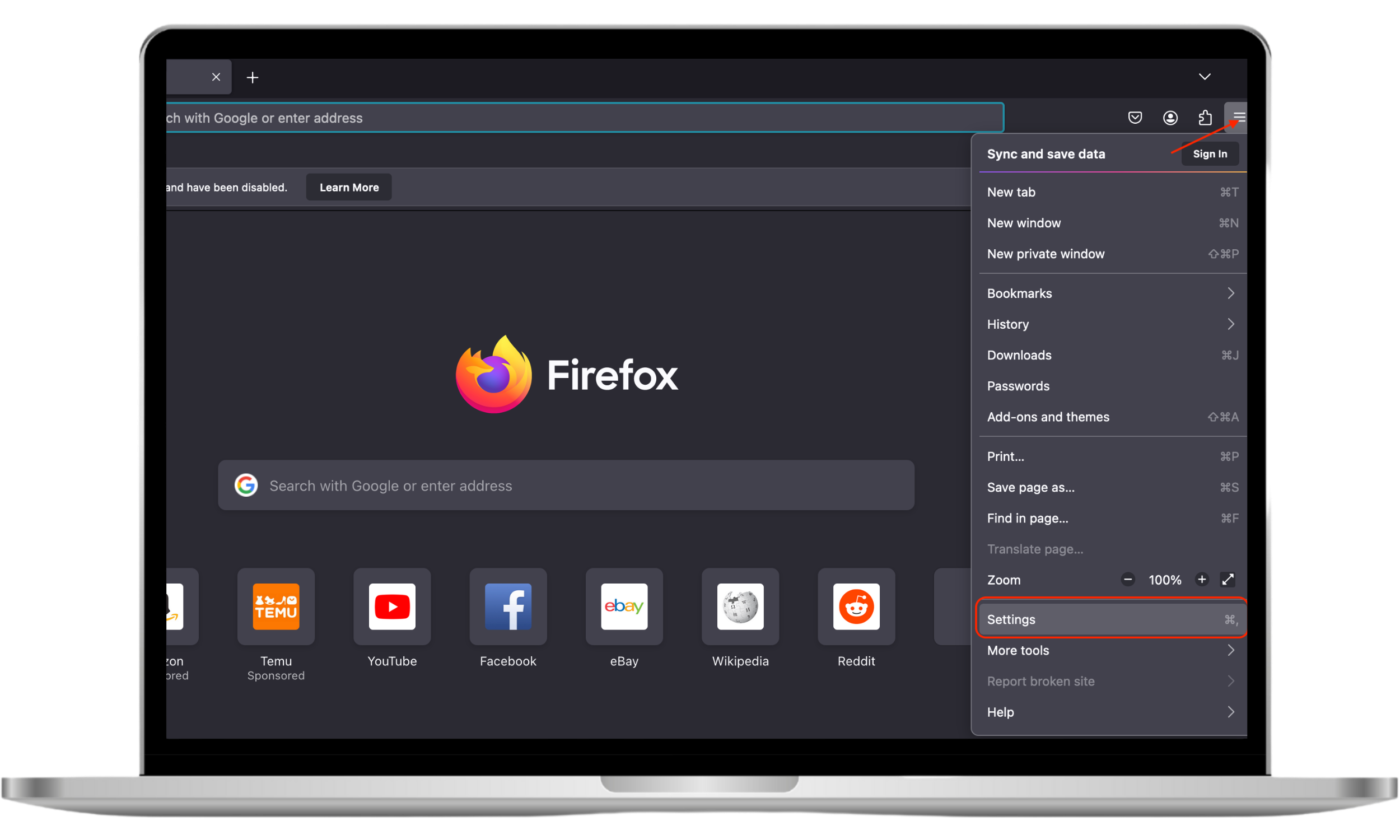 The Firefox browser menu on a Mac with the 'Settings' option highlighted, demonstrating the first step to delete cookies on Mac Firefox.