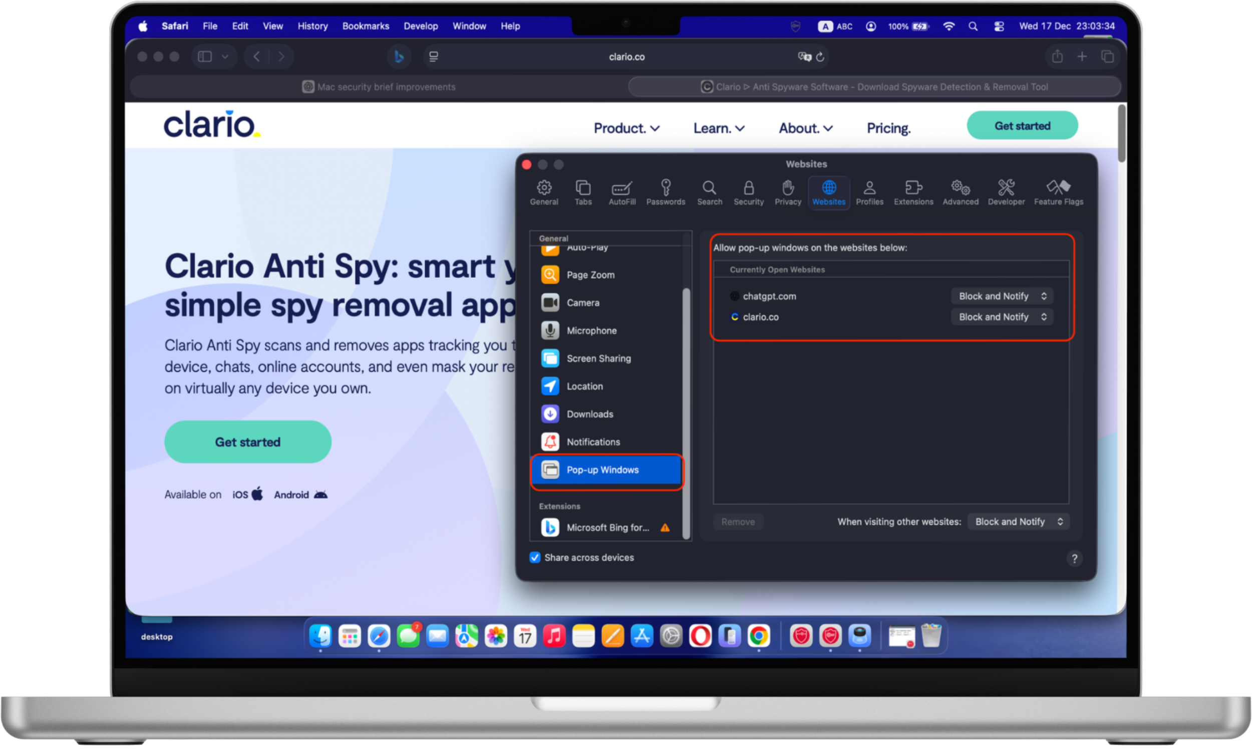 Screenshot showing how to manage pop-up window settings for individual websites in Safari, with a drop-down menu to choose preferences. Screenshot showing how to manage pop-up window settings for individual websites in Safari, with a drop-down menu to choose preferences.