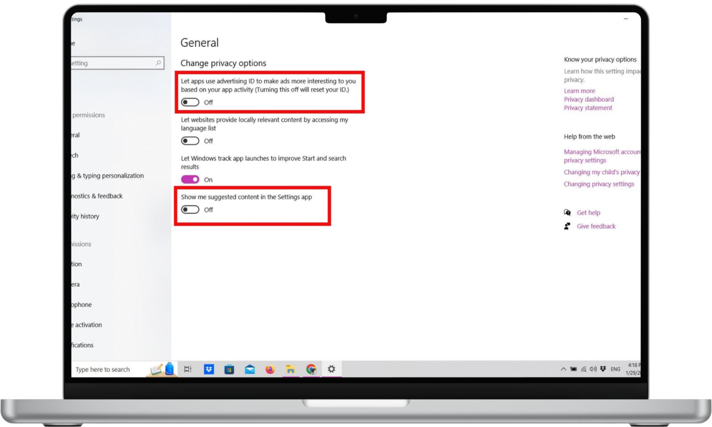 Screenshot of the General privacy settings in Windows 10 Screenshot of the General privacy settings in Windows 10