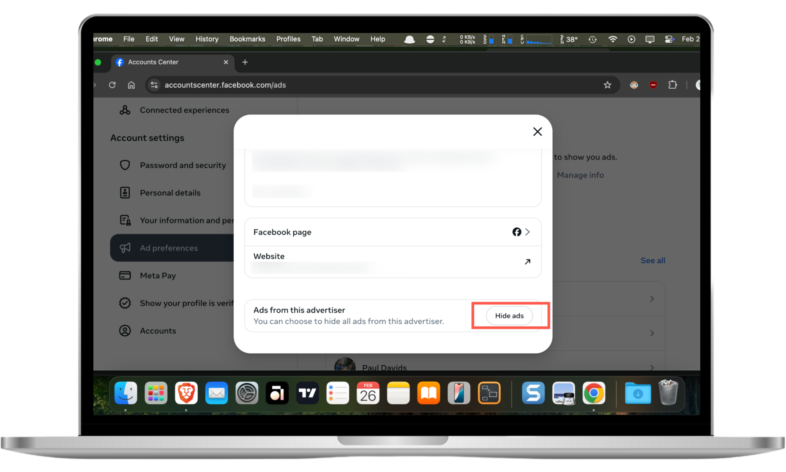 This browser screenshot shows how to stop Facebook ads by hiding ads from advertisers whom you've previously seen ads from. This browser screenshot shows how to stop Facebook ads by hiding ads from advertisers whom you've previously seen ads from.