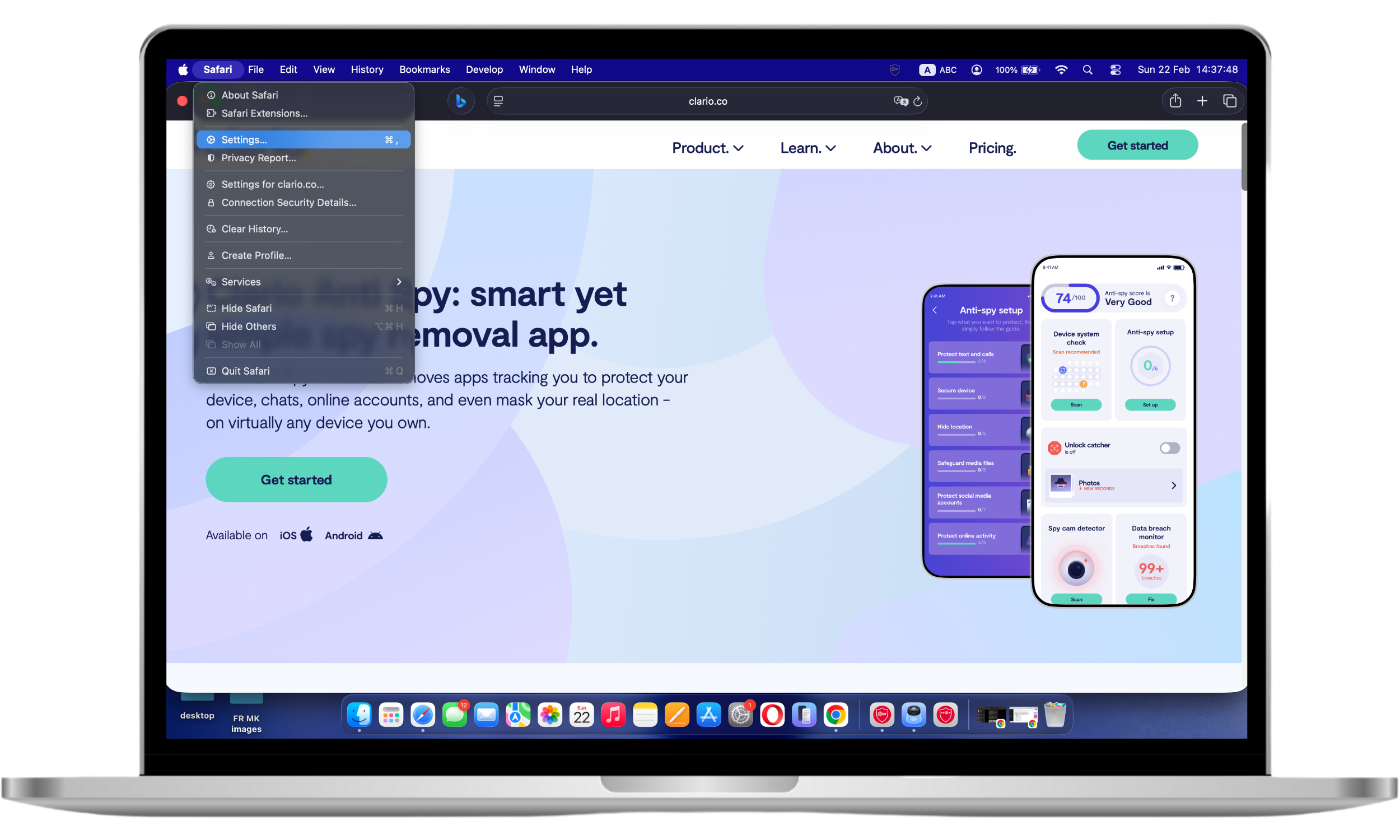 Safari browser menu open in the upper-left corner of macOS screen with Settings or Preferences option selected
