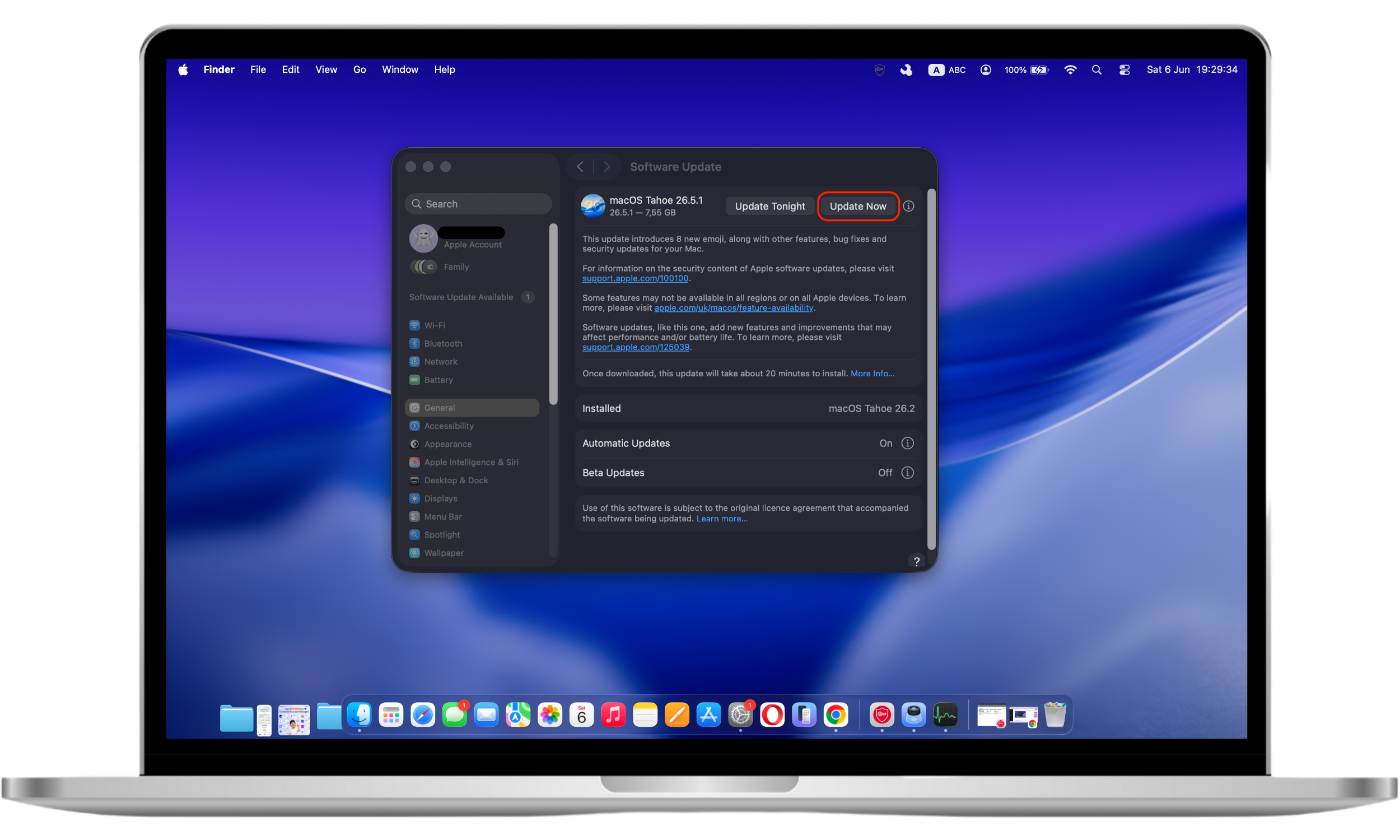 The Software Update screen on a Mac displays an available macOS update and the option to download and install it to improve security, stability, and performance.