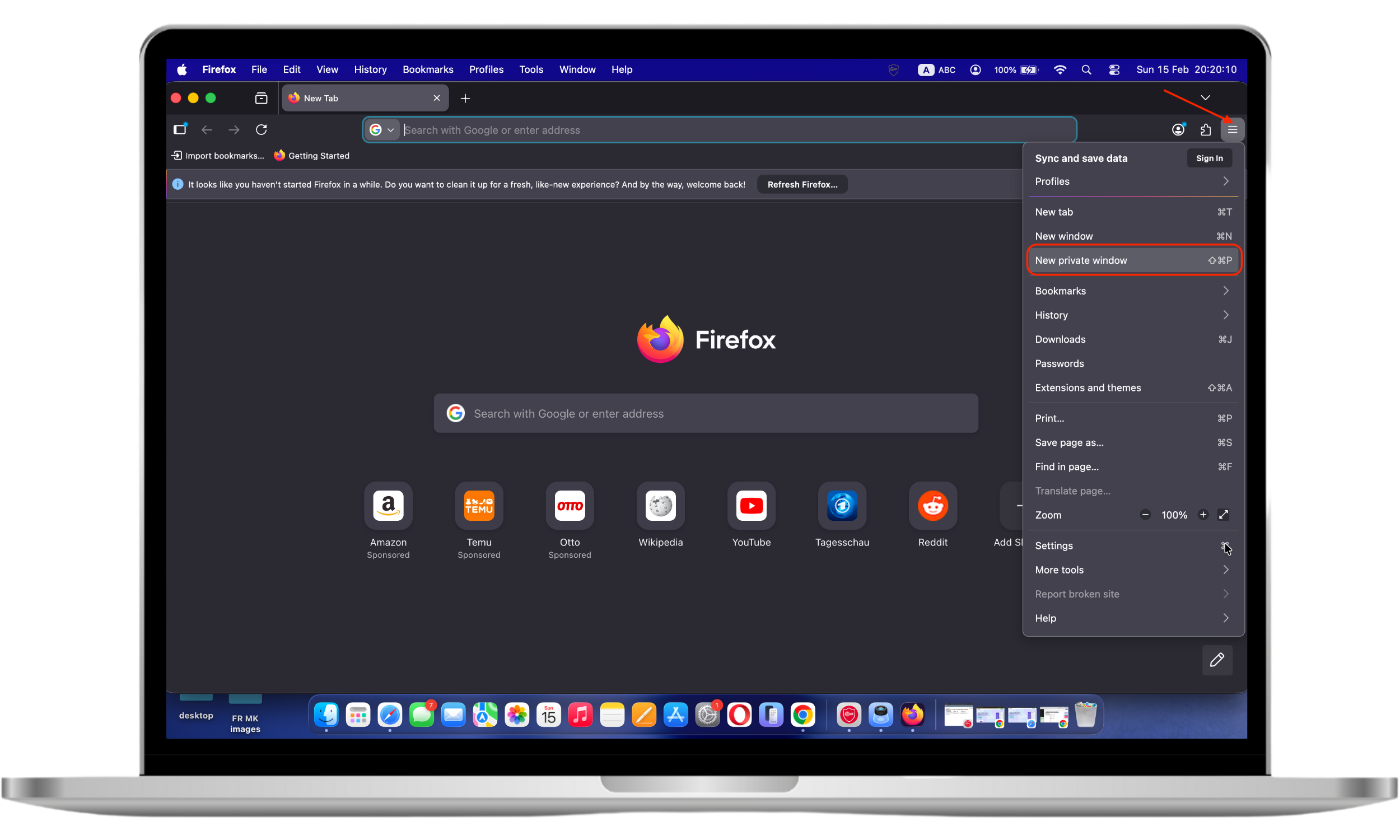 Firefox menu showing New Private Window option with keyboard shortcut Shift Command P visible. Firefox menu showing New Private Window option with keyboard shortcut Shift Command P visible.