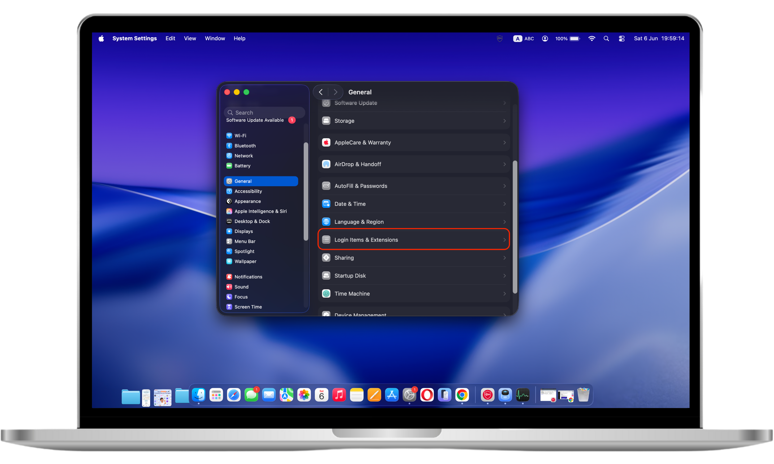The General section of System Settings on a Mac displays the Login Items & Extensions option, allowing users to manage apps that launch automatically at startup.