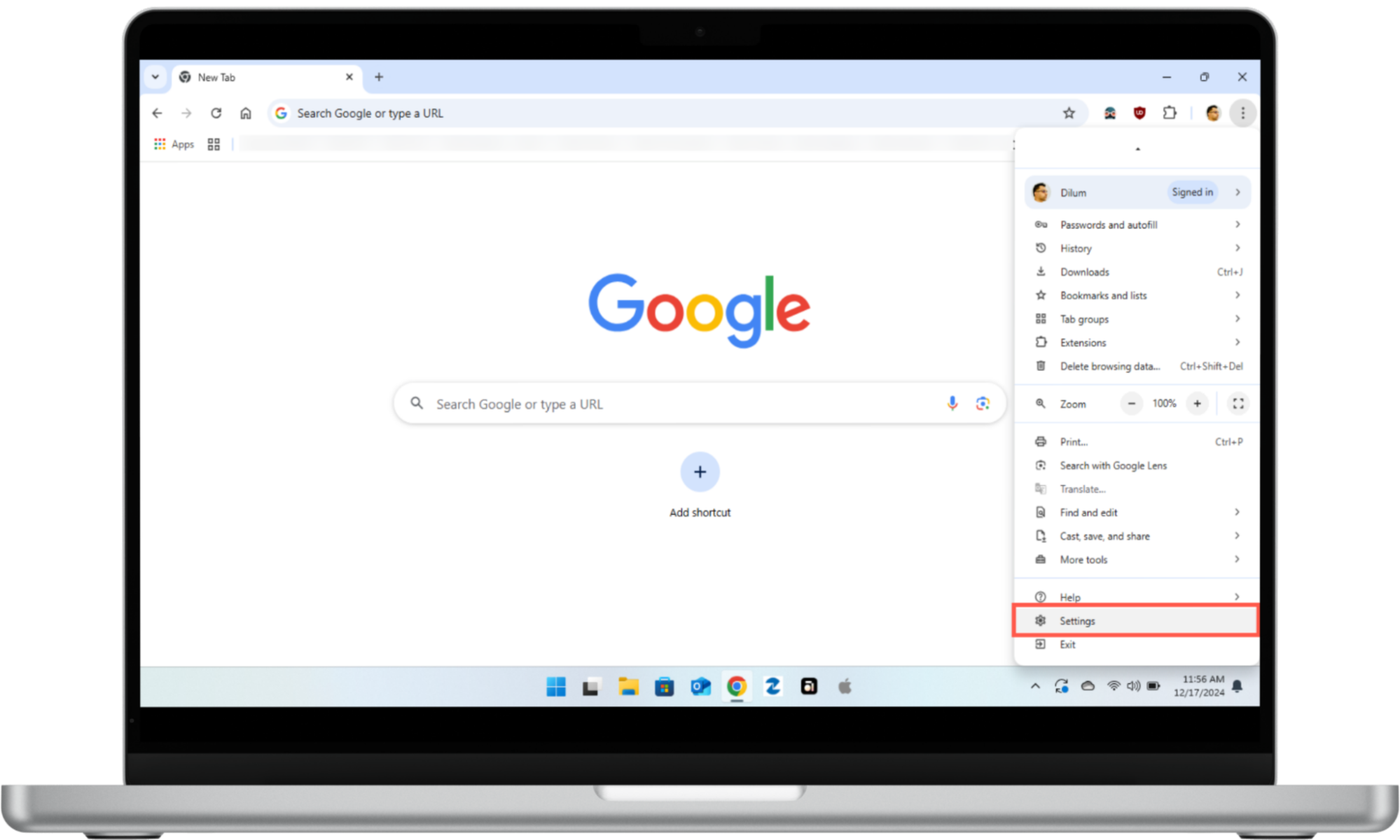 Chromebook with Chrome open shows how to access the Settings panel to configure your security settings if you're concerned your Chromebook can get spyware. Chromebook with Chrome open shows how to access the Settings panel to configure your security settings if you're concerned your Chromebook can get spyware.
