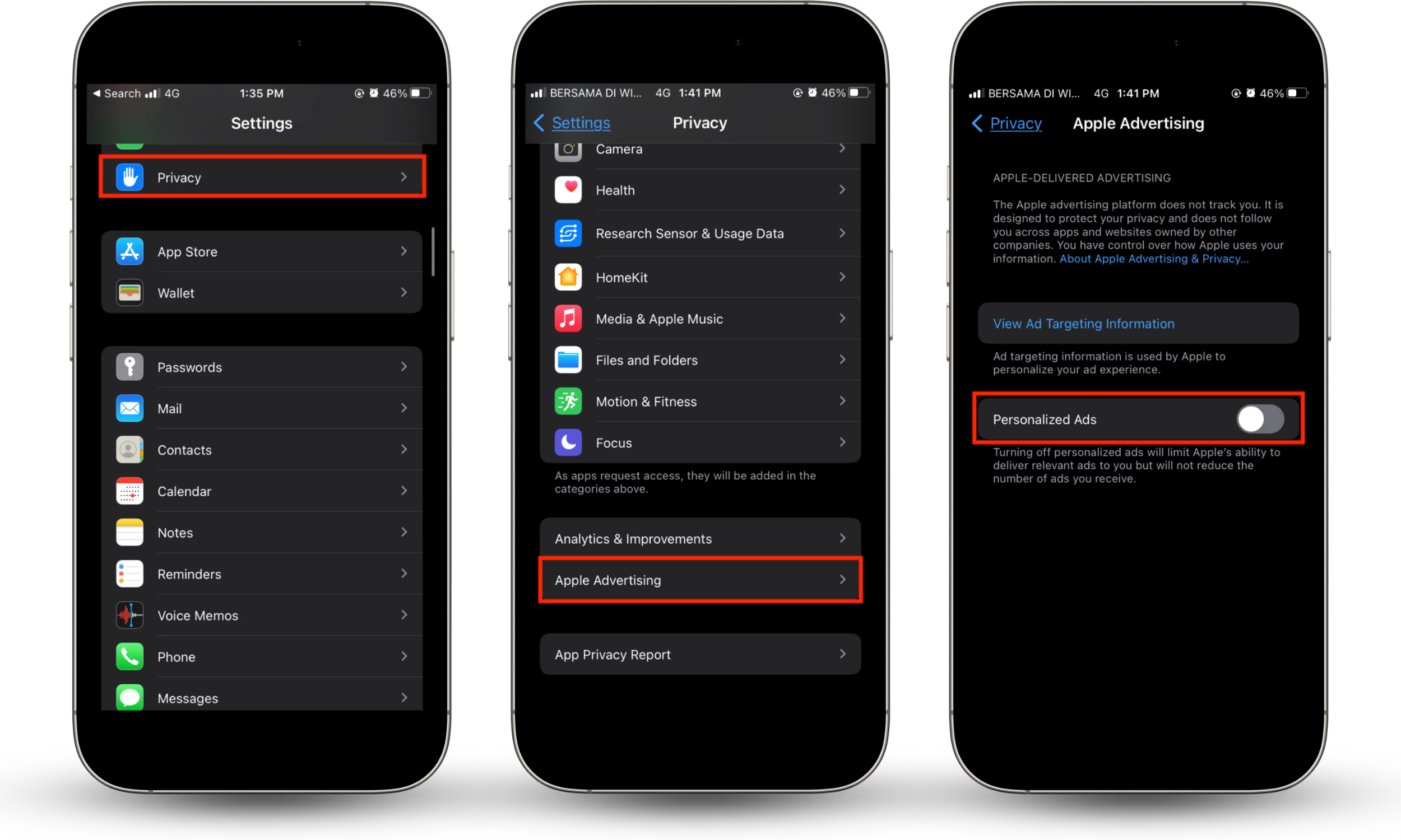 iPhone Settings showing how to turn off personalized ads: Privacy & Security menu, Apple Advertising section, and Personalized Ads toggle switched off