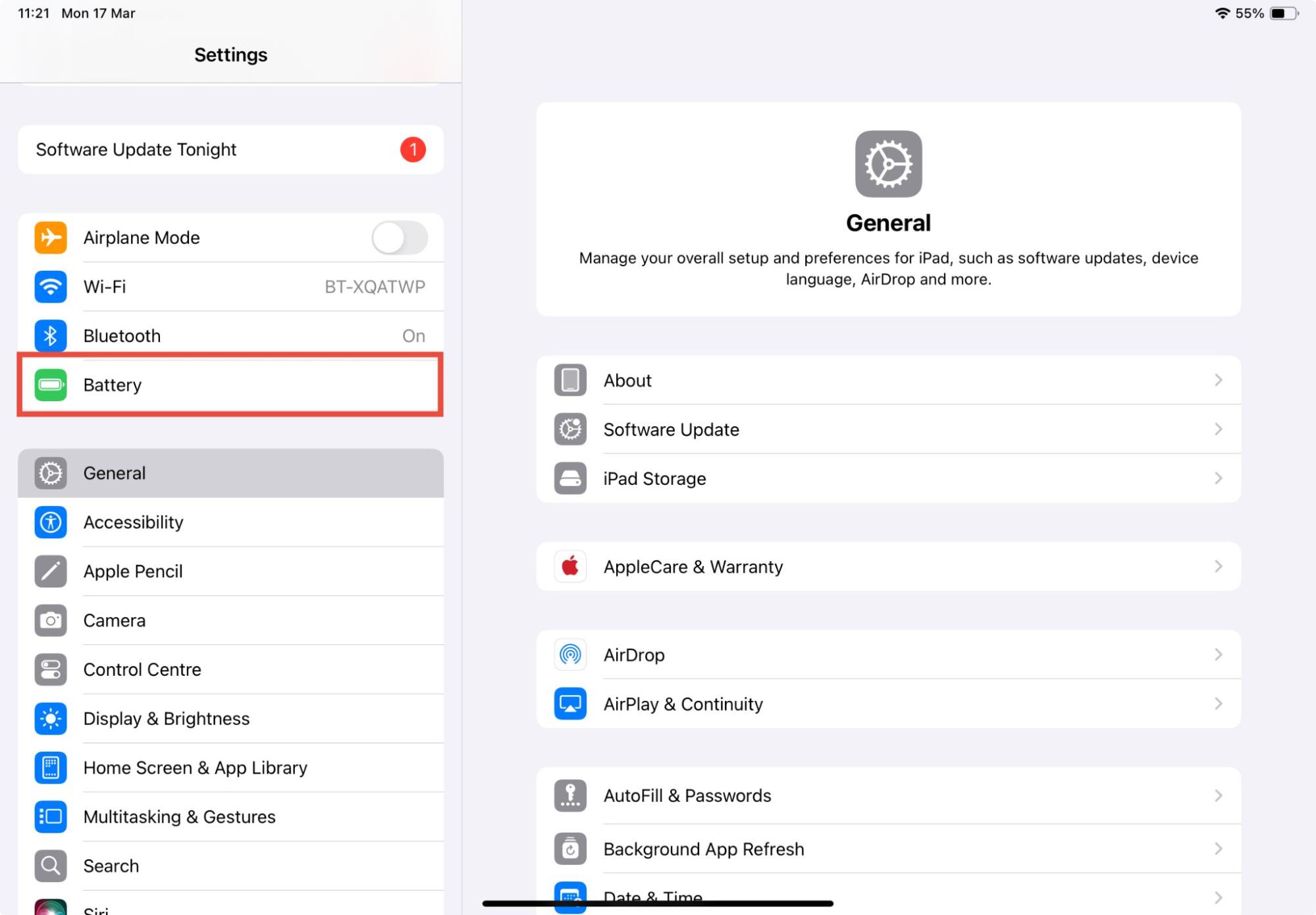 iPad Settings, with Battery highlighted in the sidebar. To detect spyware on iPad, see if your device is draining its battery quicker than usual. iPad Settings, with Battery highlighted in the sidebar. To detect spyware on iPad, see if your device is draining its battery quicker than usual.