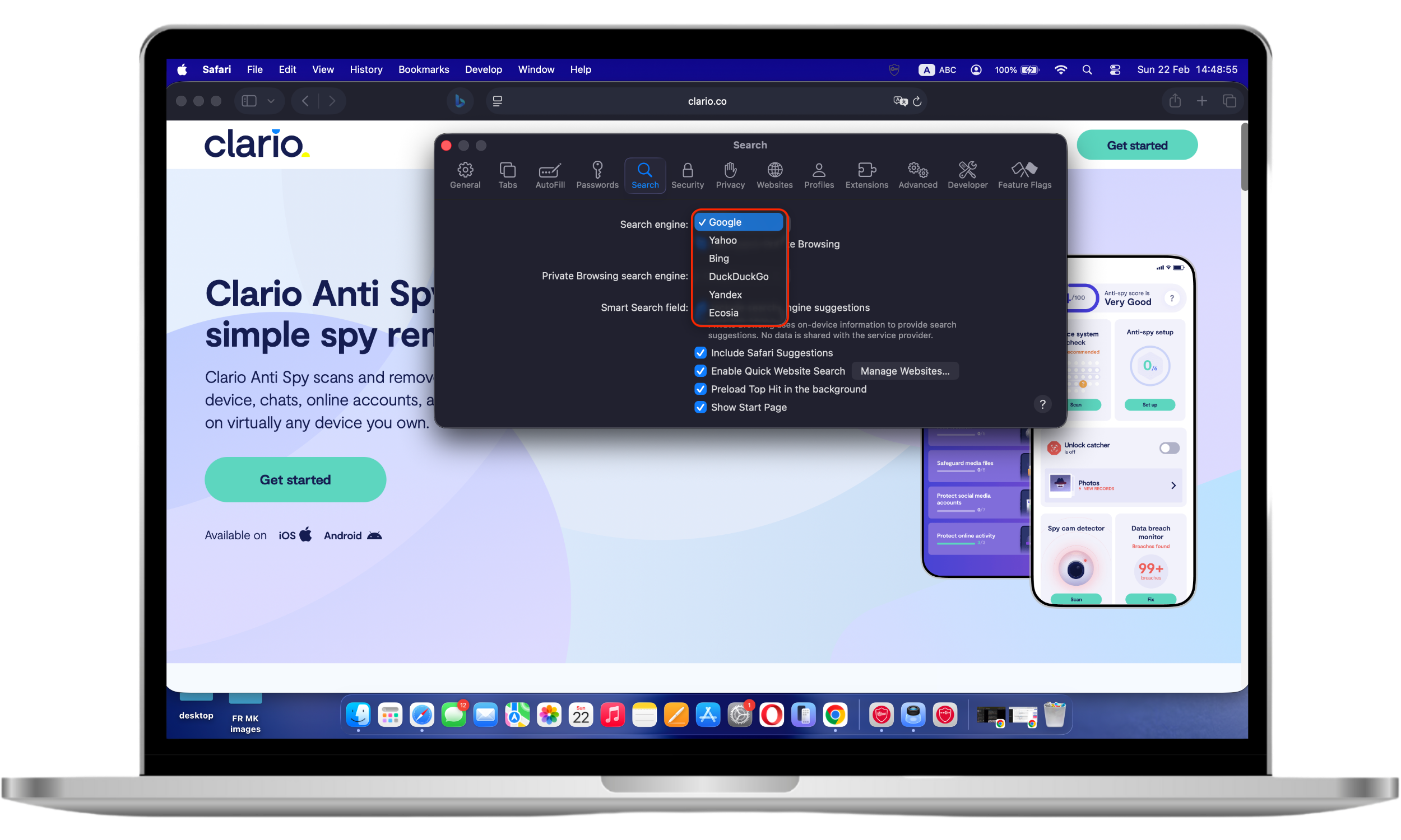 Safari Search settings showing the default search engine dropdown menu with a preferred search engine selected