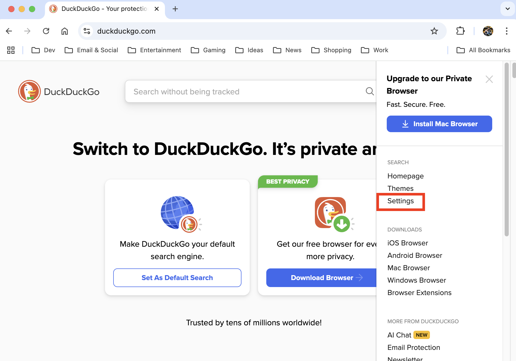 The DuckDuckGo search page in Google Chrome on Mac. Select the options button then click Settings to access your Safe Search preferences. The DuckDuckGo search page in Google Chrome on Mac. Select the options button then click Settings to access your Safe Search preferences.