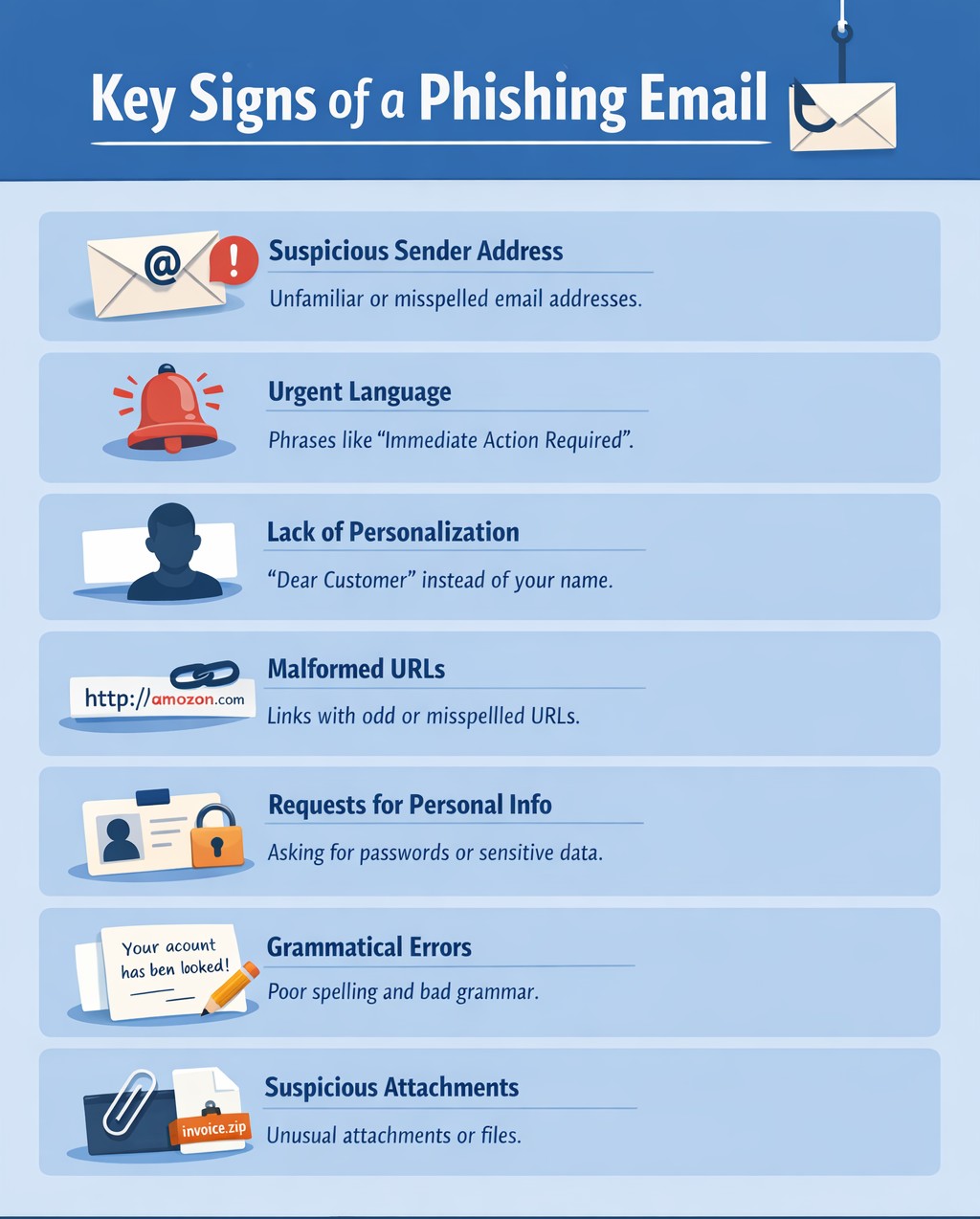 An infographic titled 'Key Signs of a Phishing Email,' featuring visual cues to help users spot sneaky phishing attempts. It highlights suspicious sender addresses, urgent language, lack of personalization, malformed URLs, requests for personal information, grammatical errors, and suspicious attachments. The graphic is designed to assist users in recognizing phishing threats and keeping their online communications secure. An infographic titled 'Key Signs of a Phishing Email,' featuring visual cues to help users spot sneaky phishing attempts. It highlights suspicious sender addresses, urgent language, lack of personalization, malformed URLs, requests for personal information, grammatical errors, and suspicious attachments. The graphic is designed to assist users in recognizing phishing threats and keeping their online communications secure.