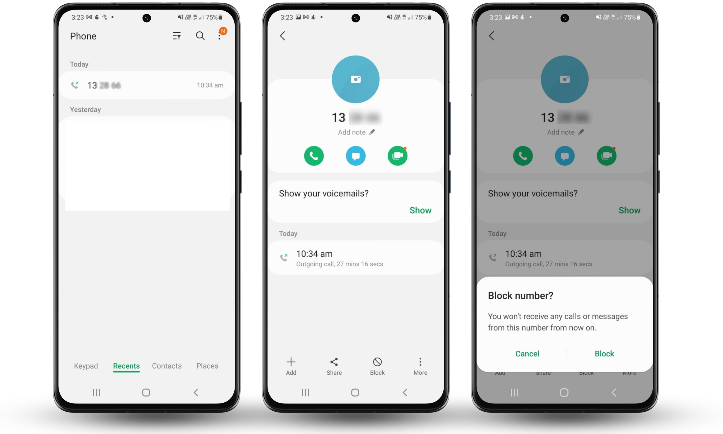 Android phone app showing call history, number details, and Block or report spam option Android phone app showing call history, number details, and Block or report spam option