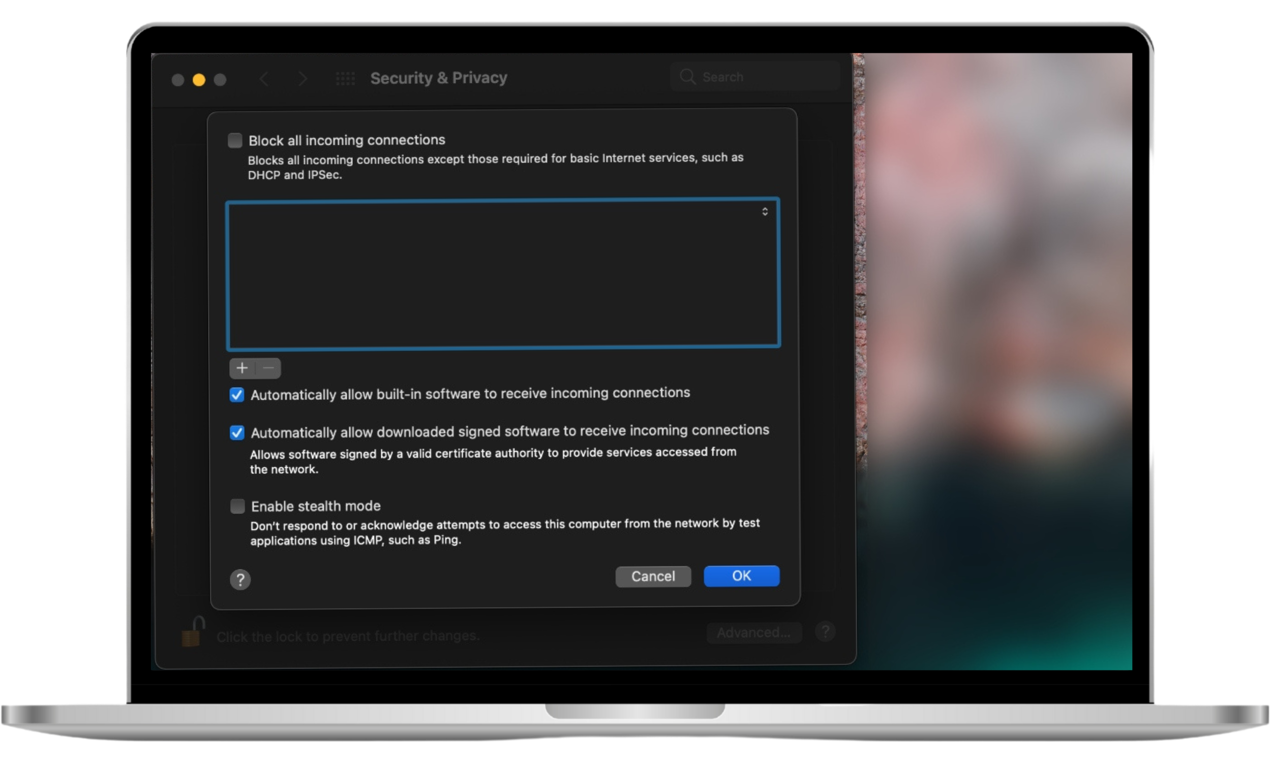 A screenshot of a Mac's Security & Privacy settings, showing firewall security options with Block all incoming connections and Enable stealth mode unchecked, and Automatically allow built-in software and Automatically allow downloaded signed software checked. The interface displays advanced network security configurations. A screenshot of a Mac's Security & Privacy settings, showing firewall security options with Block all incoming connections and Enable stealth mode unchecked, and Automatically allow built-in software and Automatically allow downloaded signed software checked. The interface displays advanced network security configurations.