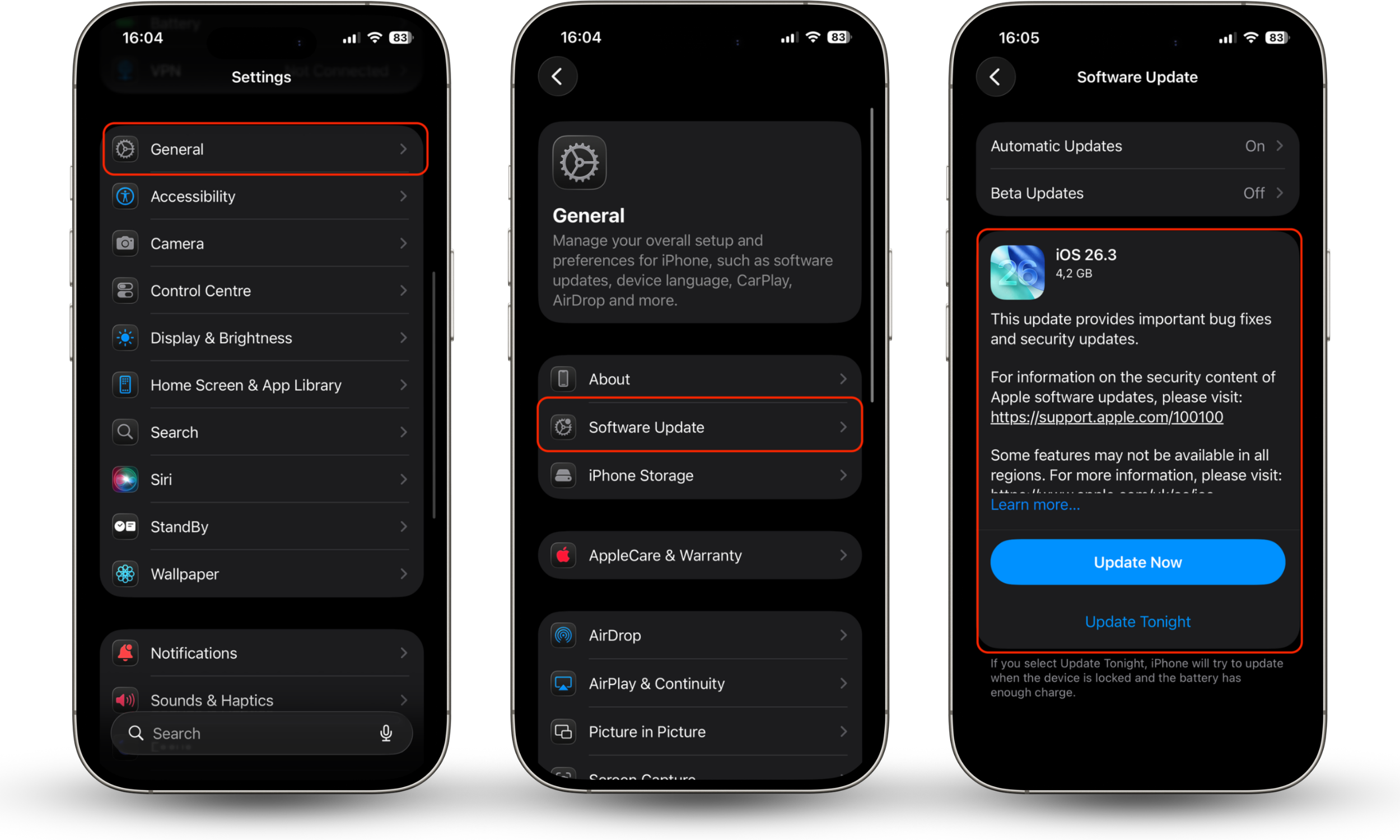 iPhone Software Update screen in Settings showing device running a compatible iOS version required for AirTag pairing.