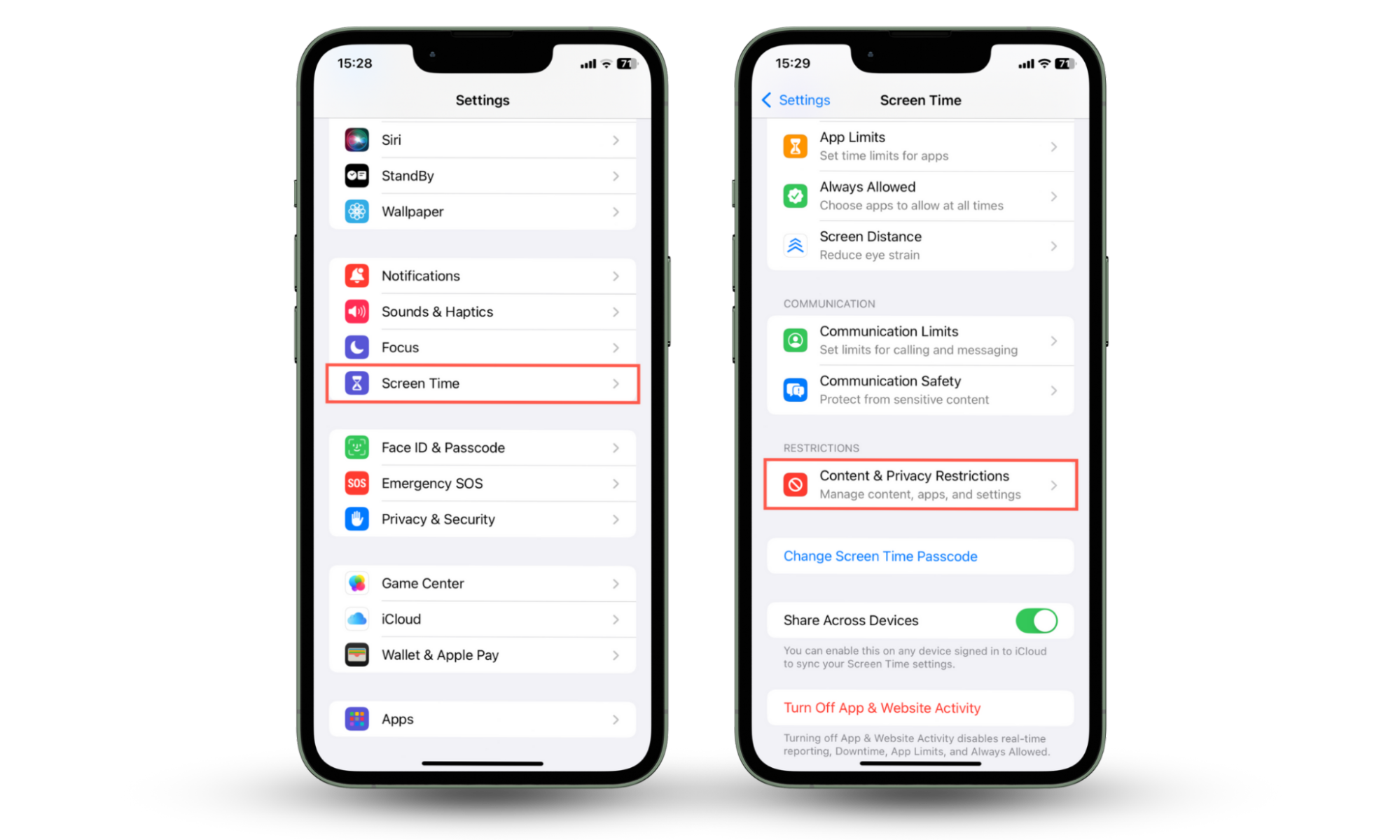 Screenshots showing how to access the content and privacy restrictions section in Screen Time to see hidden apps on your iPhone. Screenshots showing how to access the content and privacy restrictions section in Screen Time to see hidden apps on your iPhone.
