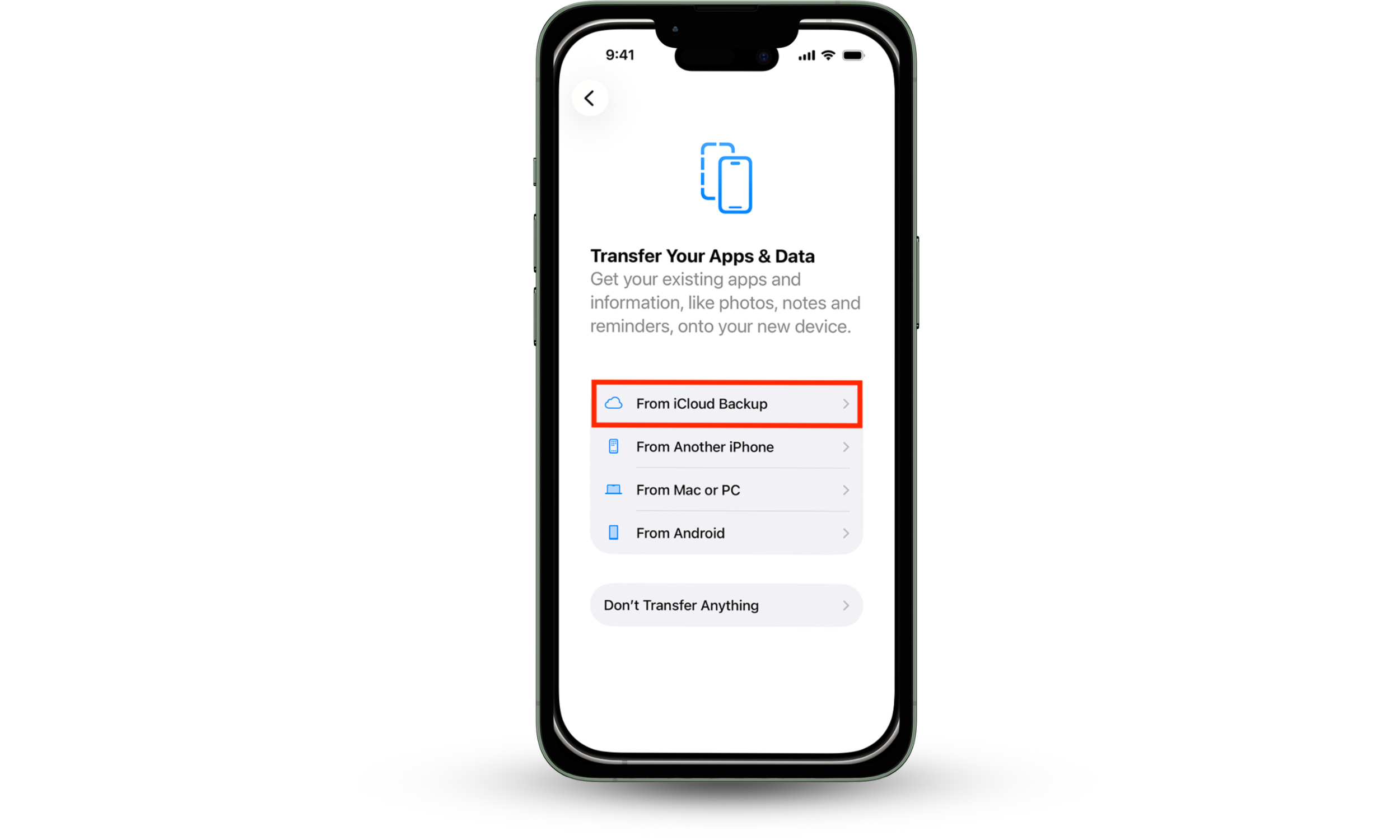 The Transfer Your Apps & Data screen that appears during iPhone setup. If you detect Spyera on iPhone, you should factory reset your device and then restore from an iCloud backup not a full device backup to avoid restoring Spyera itself.