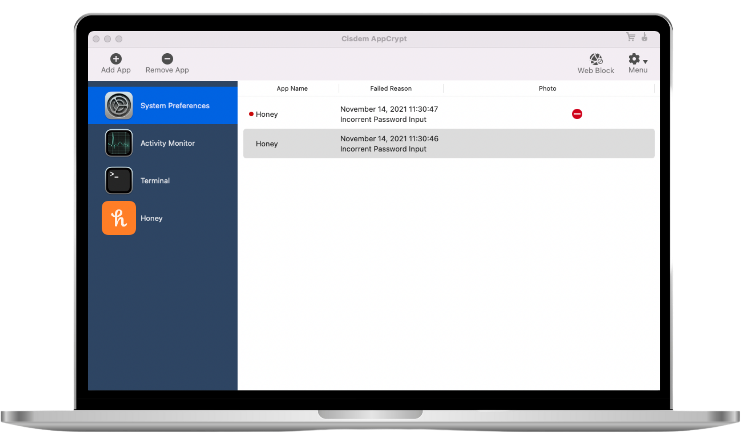 The Cisdem AppCrypt interface on a Mac showing a security log with recorded incorrect password attempts, including timestamps and failed login entries. The Cisdem AppCrypt interface on a Mac showing a security log with recorded incorrect password attempts, including timestamps and failed login entries.