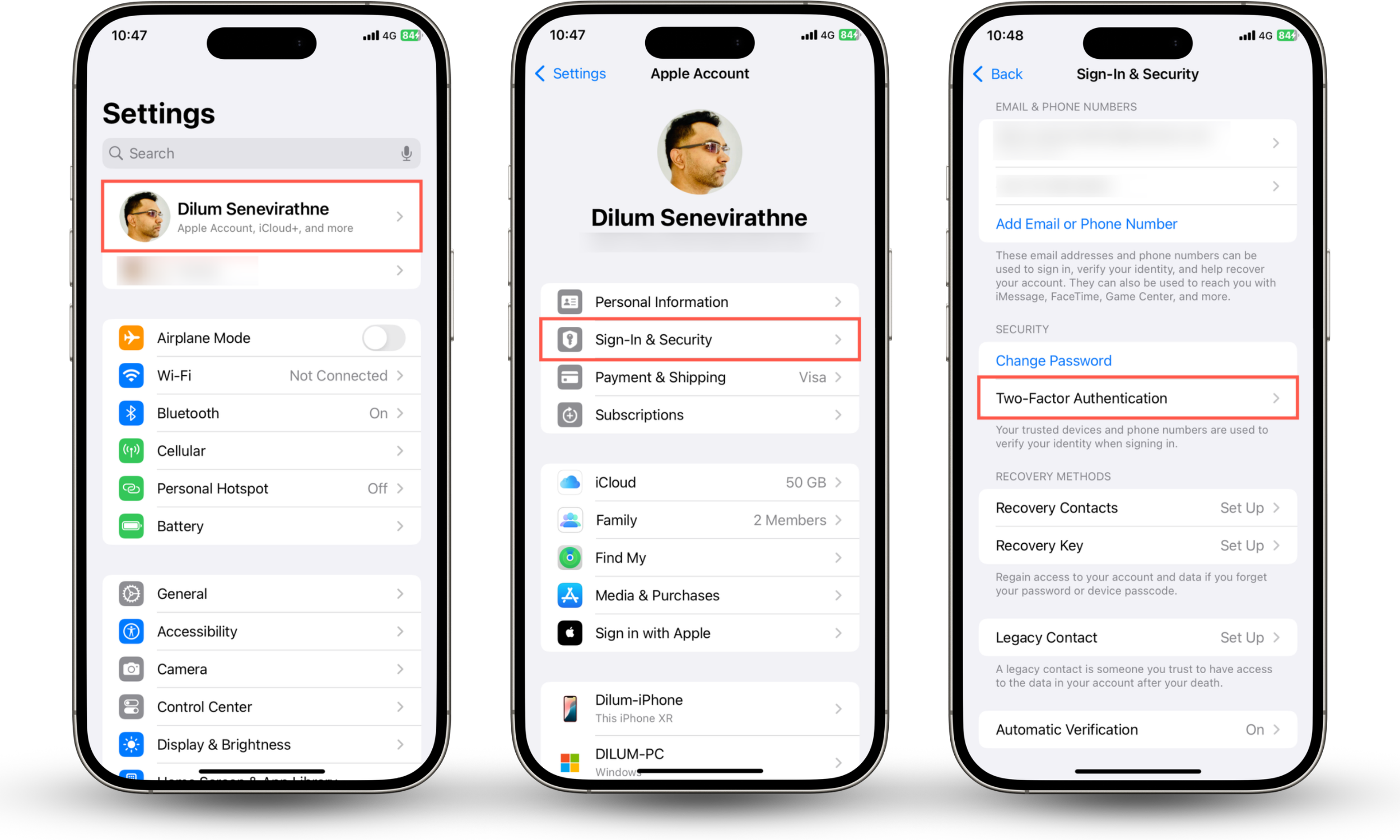 These iOS Settings app screenshots show how to enable Two-Factor Authentication as part of securing your iPhone from theft.