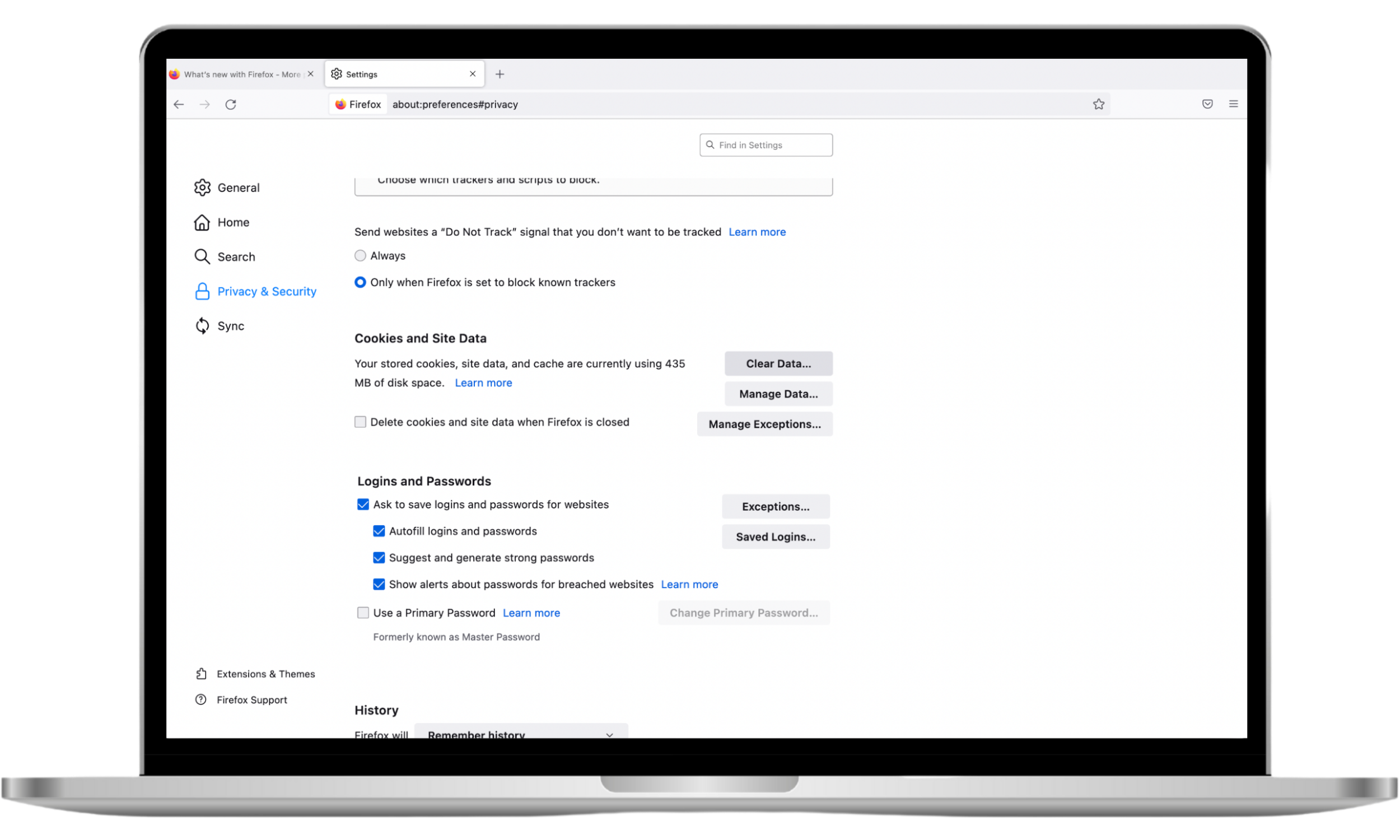 The Firefox Preferences page shows the Privacy & Security option selected on the left menu bar.